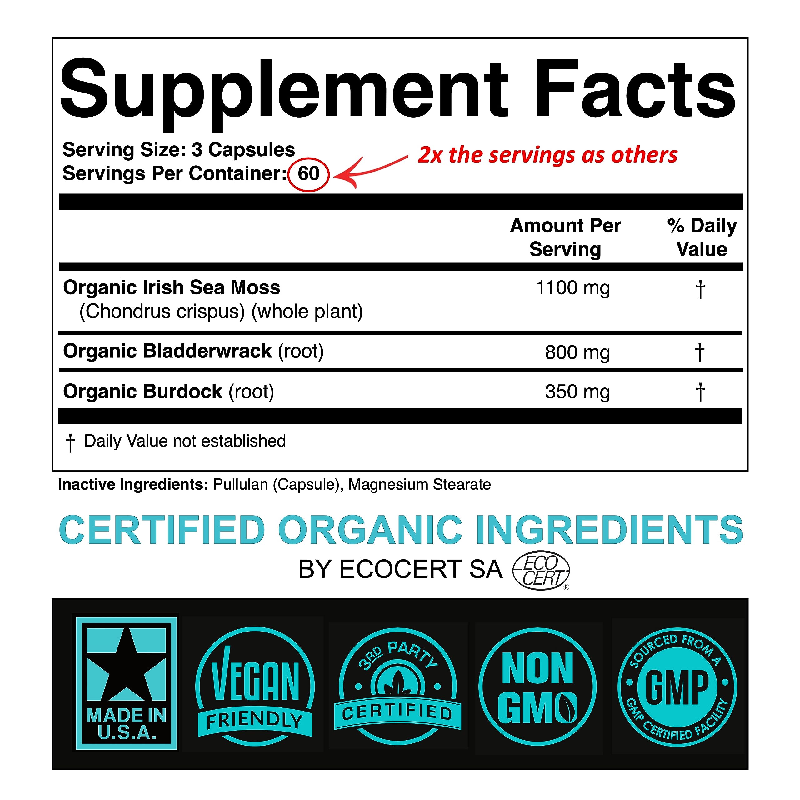 Certified Organic Sea Moss Capsules 2250mg Wildcrafted Irish Sea Moss Burdock Root SPARTIS