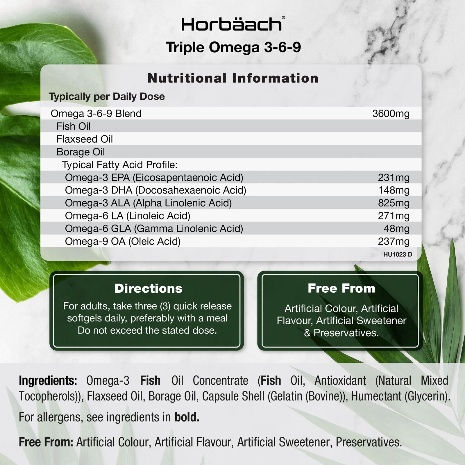 Triple Omega 3 6 9 Capsules | 180 Count | High Strength Supplement with DHA Horbäach