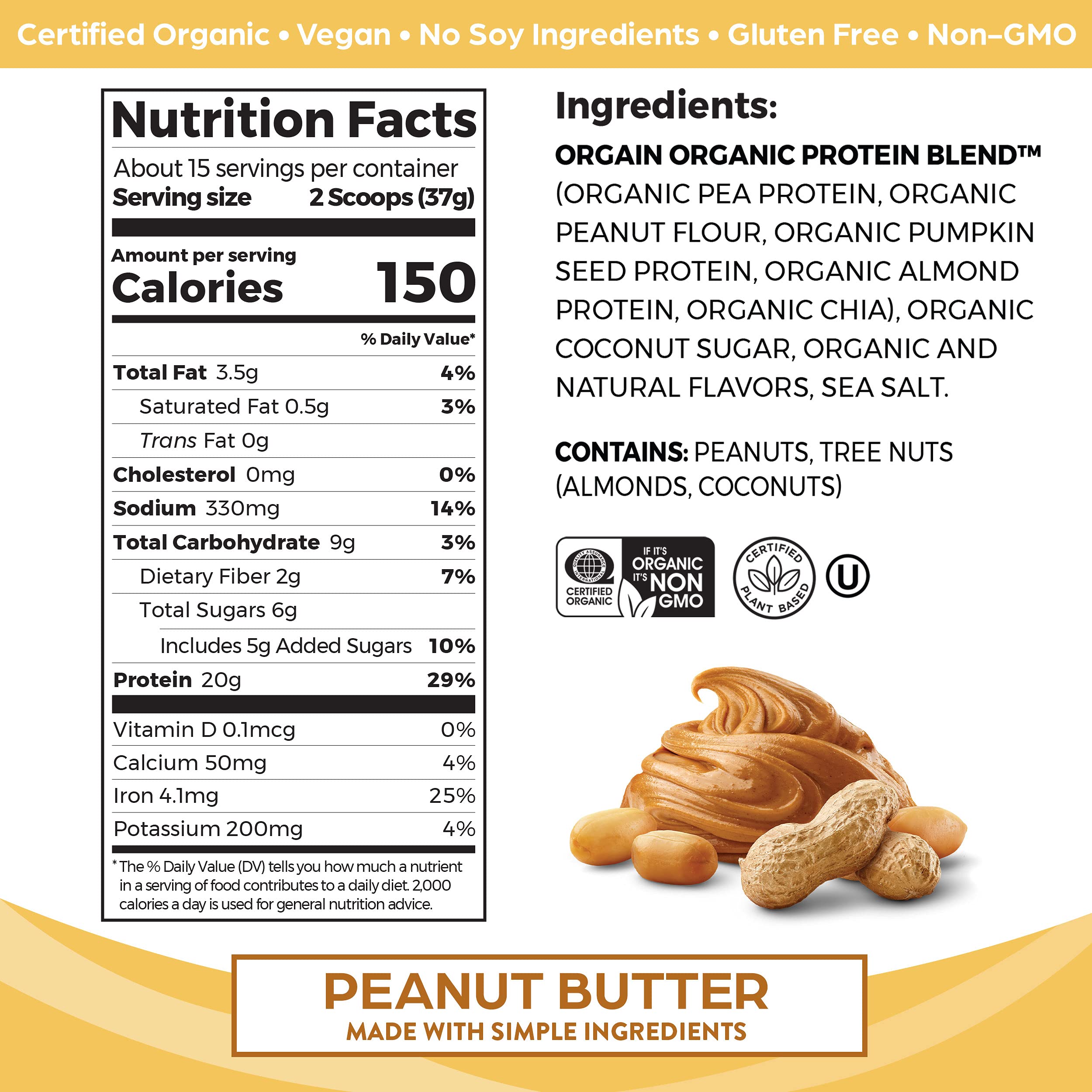 Orgain Organic Simple Vegan Protein Powder, Peanut Butter - 20g Plant Based Protein Orgain