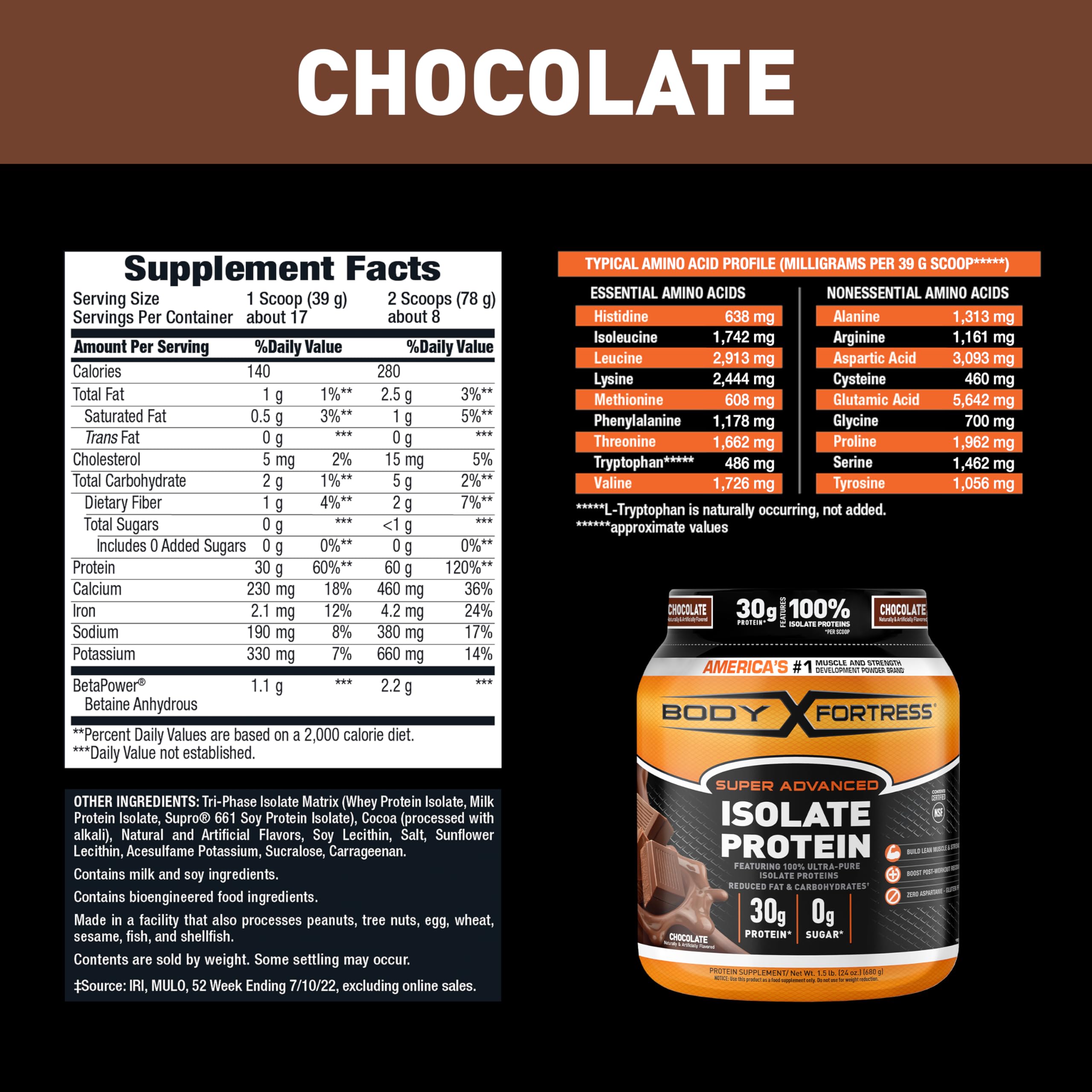 Body Fortress Super Advanced Isolate Protein, Chocolate Protein Powder Supplement Body Fortress