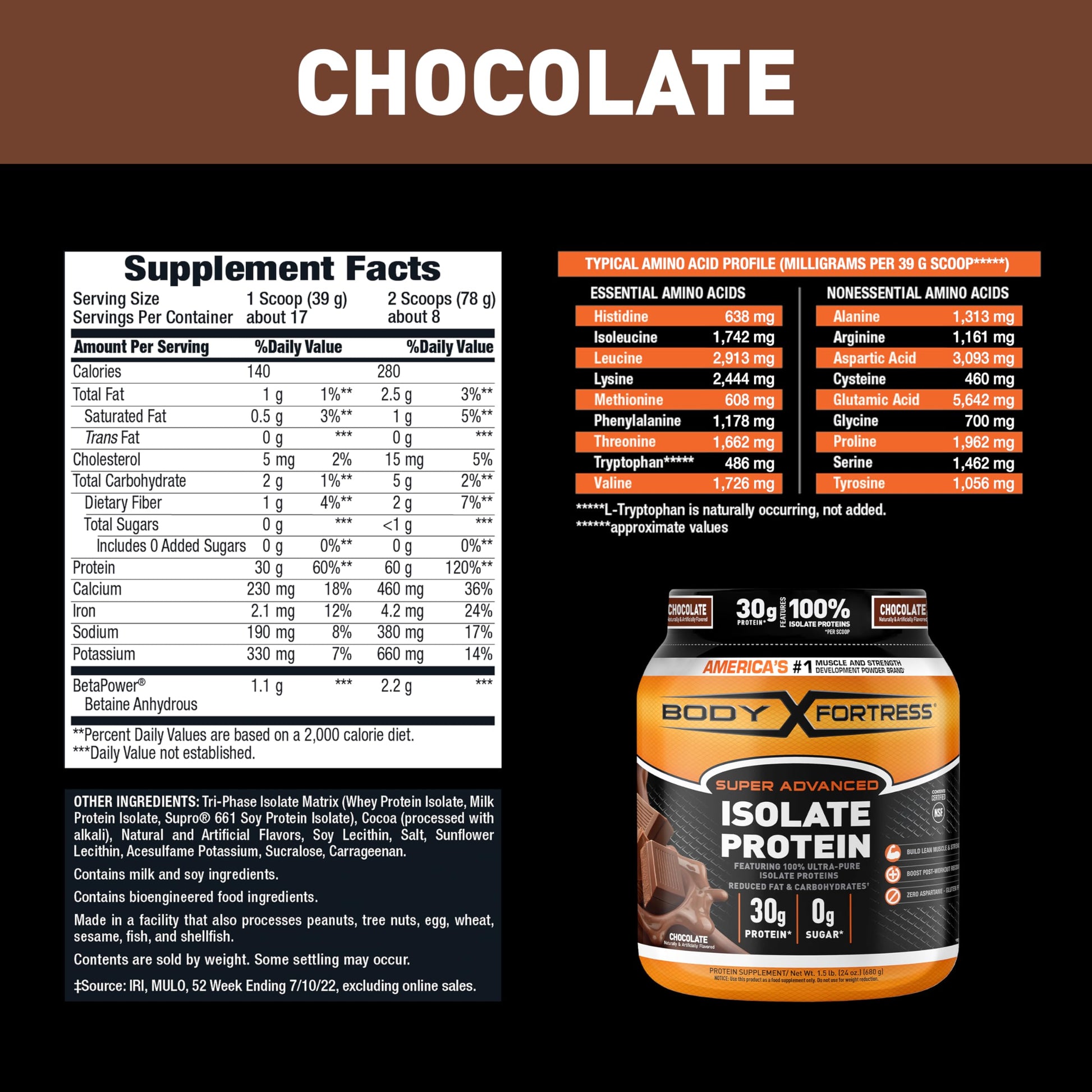 Body Fortress Super Advanced Isolate Protein, Chocolate Protein Powder Supplement Body Fortress