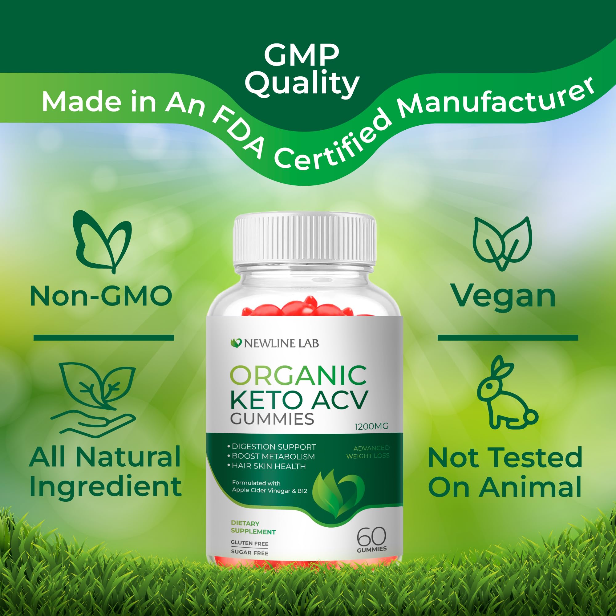 Organic Keto ACV Gummies for Advanced Weight Loss Fat Burn - Sugar Gluten Free Apple Newline Lab