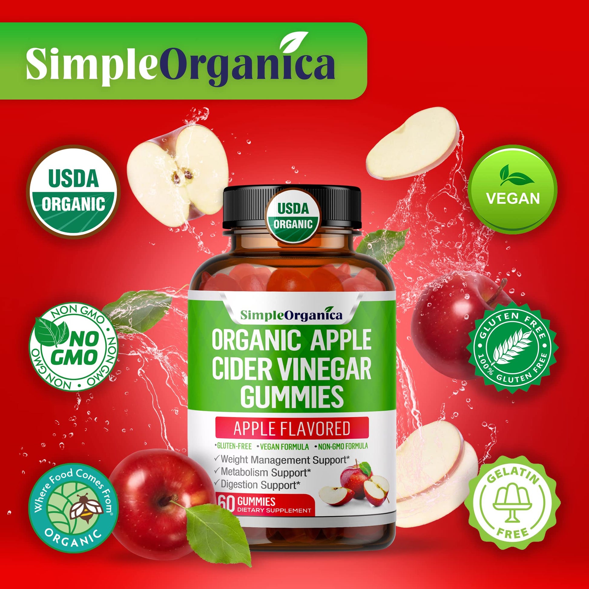 USDA Organic Apple Cider Vinegar Gummies with The Mother. AVC Keto Gummy Vitamins Simple Organica