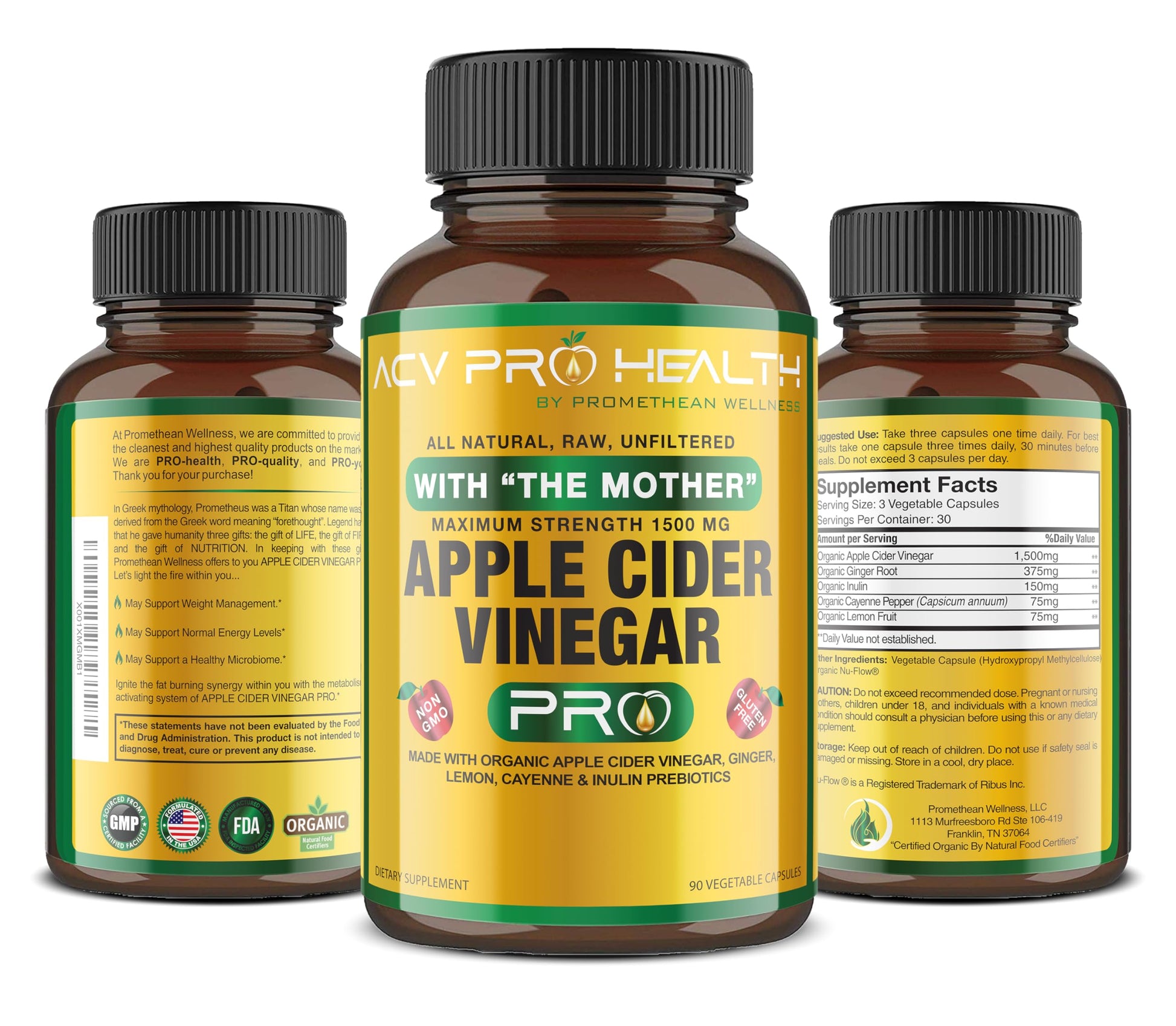 Certified Organic Apple Cider Vinegar Capsules Pro with Mother Acv Pills Detox Promethean Wellness