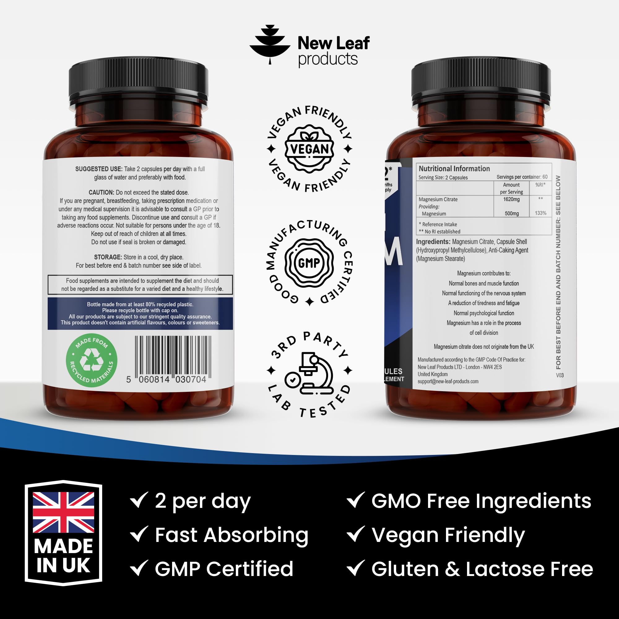 Magnesium Supplements 1620mg - Super Strength - Magnesium Citrate Capsules NEW LEAF PRODUCTS