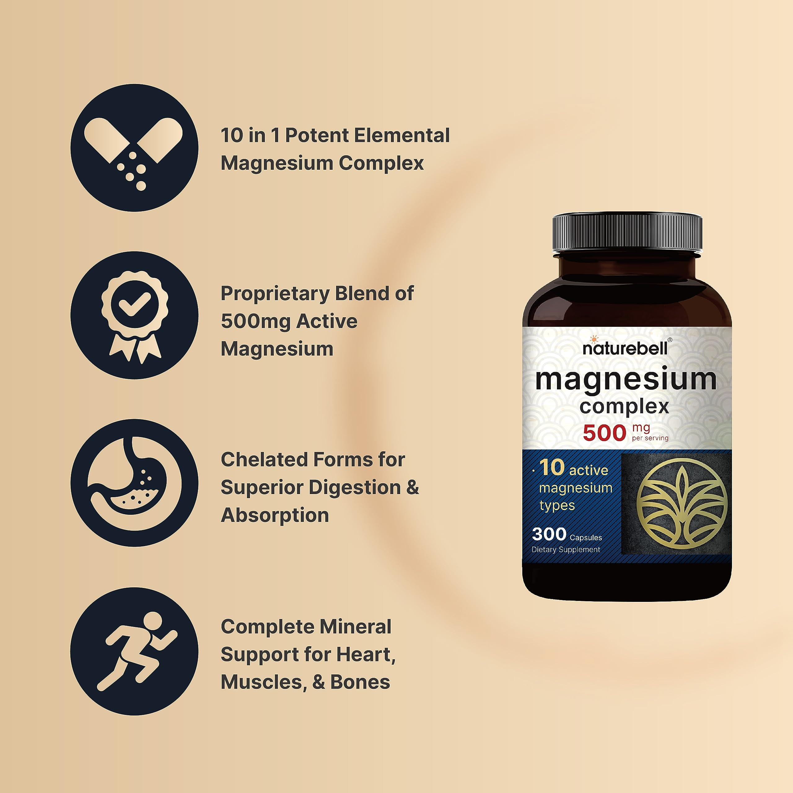 Magnesium Complex Supplement 500mg, 300 Capsules | 10 Active Forms – Glycinate NatureBell