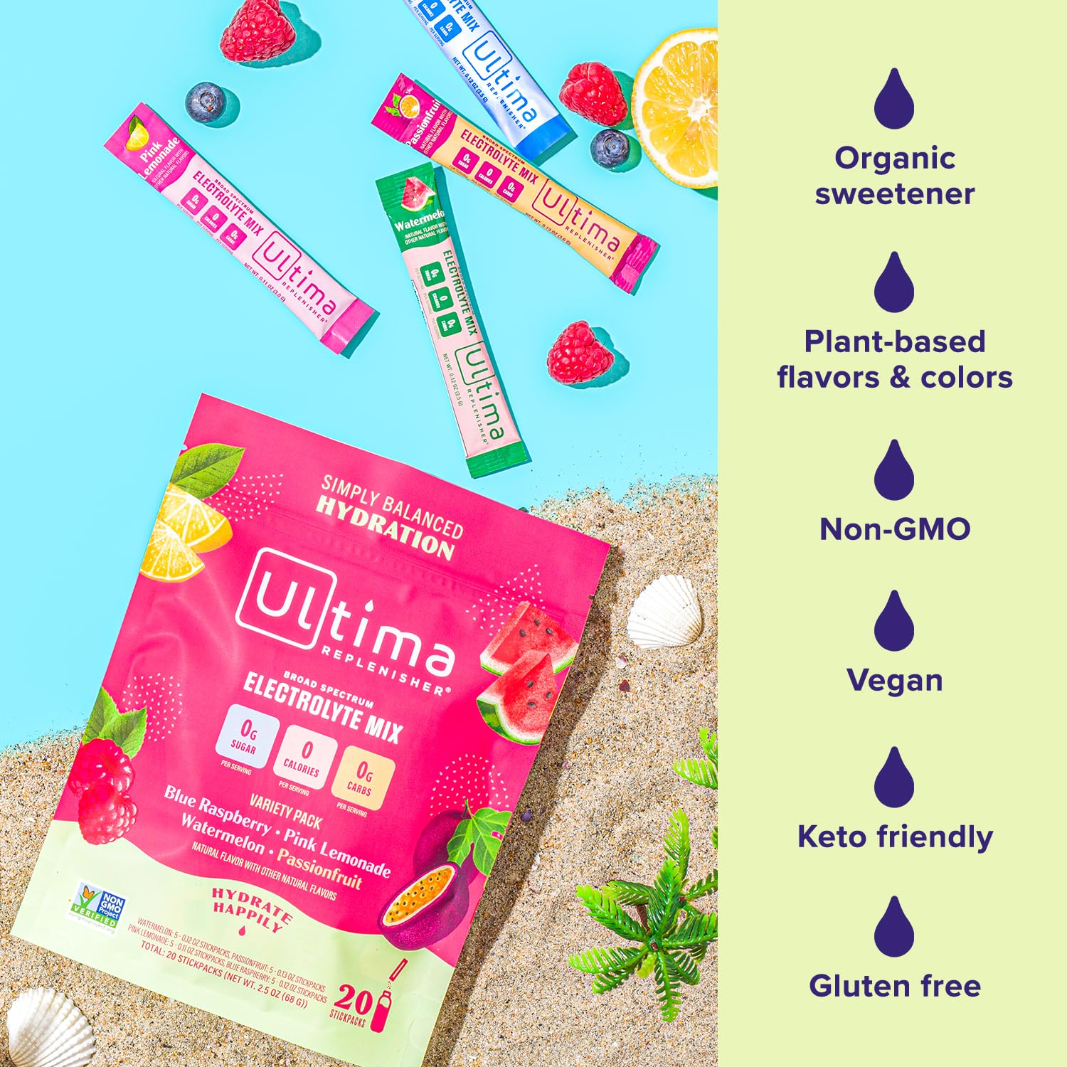 Ultima Replenisher Daily Electrolyte Drink Mix – Tropical Variety, 20 Stickpacks – Hydration Ultima Replenisher