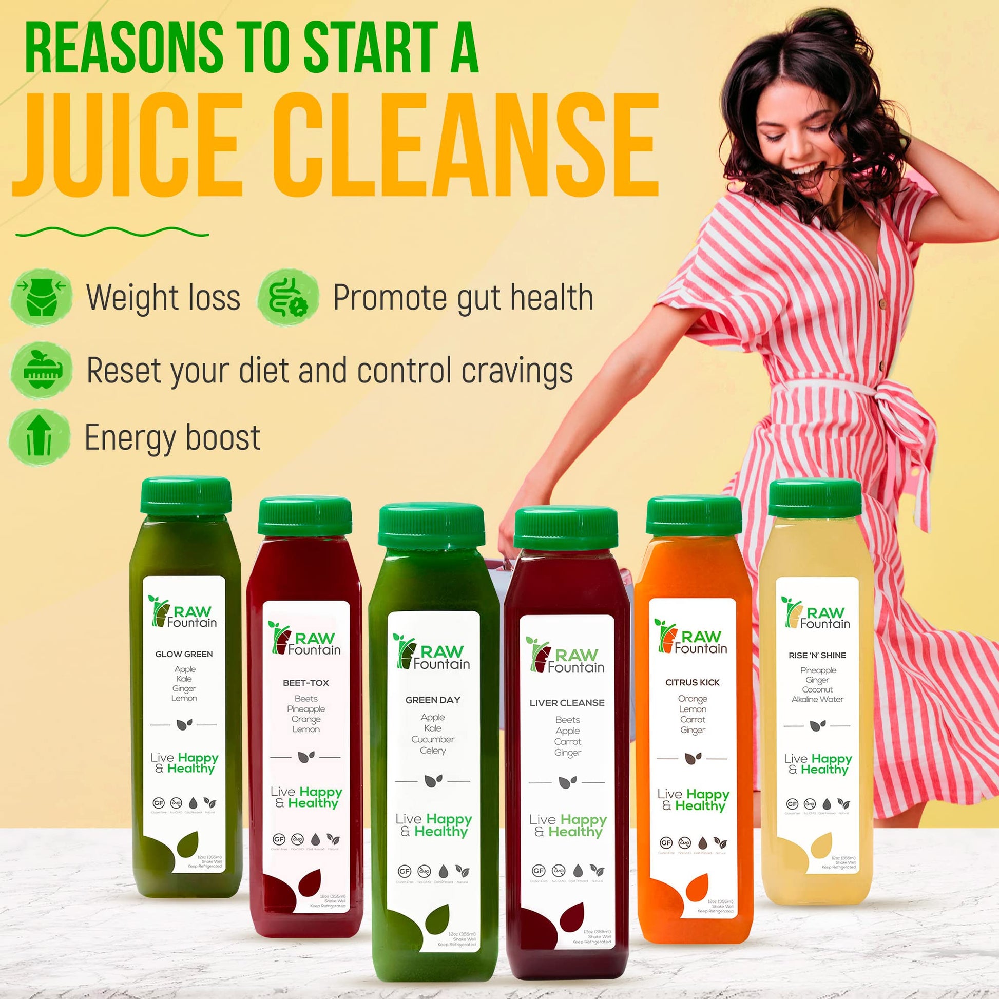 Raw Fountain 1 Day Juice Cleanse, All Natural Detox Cleanse, Cold Presssed Fruit Raw Fountain