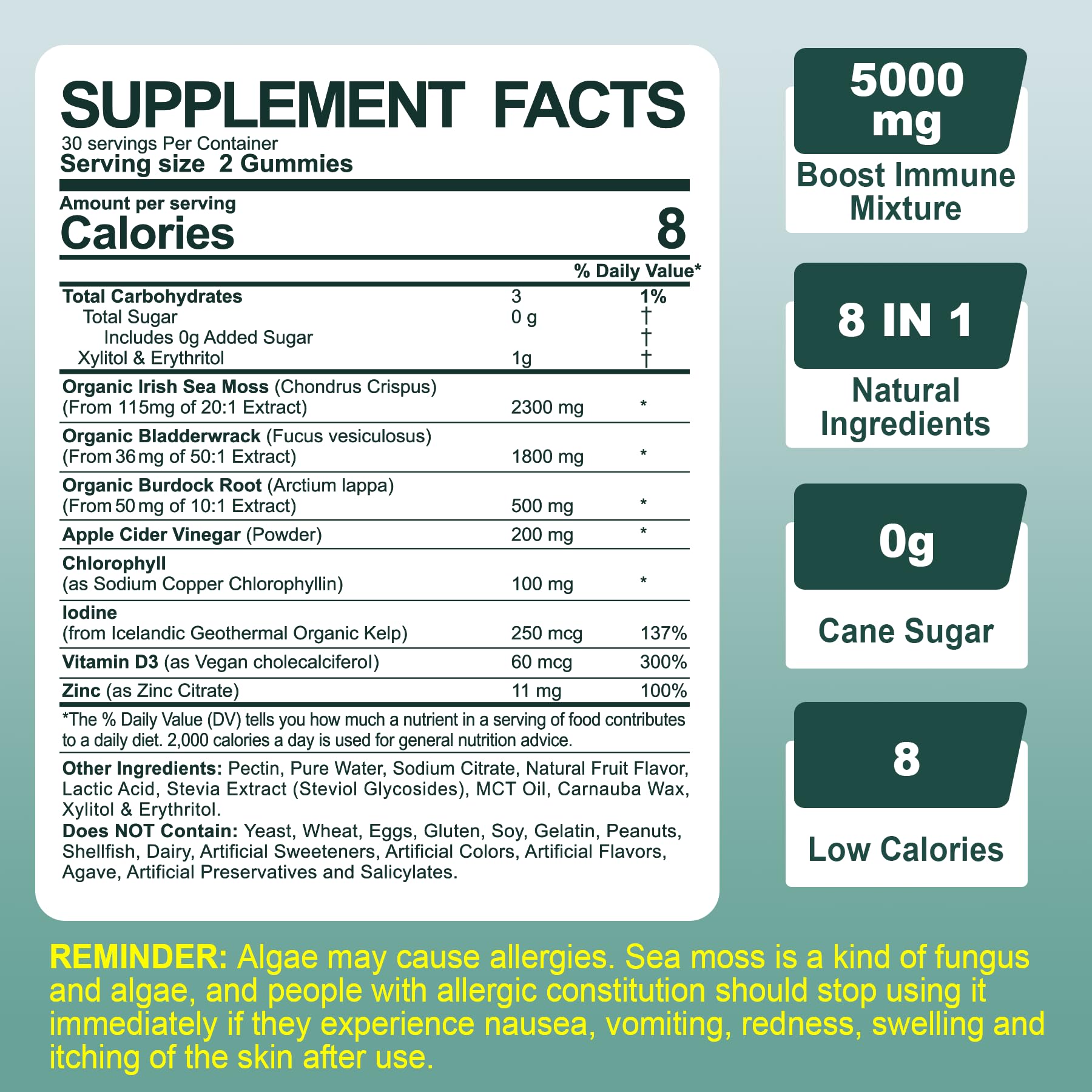 Sugar-Free Sea Moss Iodine Gummies 5000mg, Extra Strength Irish Moss Gel Supplement EnvyCure