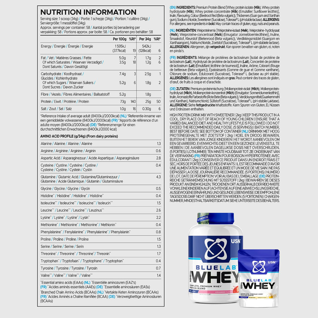 USN Blue Lab Whey Protein Powder: Strawberry - Whey Protein 908g - Post-Workout - Whey Isolate 