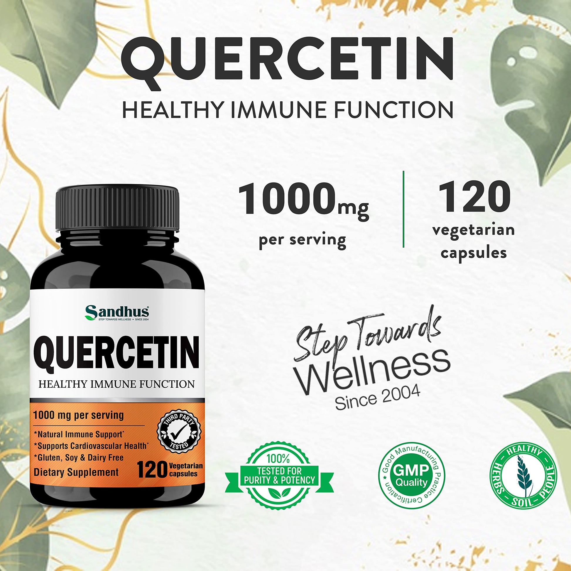 Sandhu's Quercetin 1000mg Per Serving 120 Count Vegetarian Capsules Bioflavonoids Sandhu's
