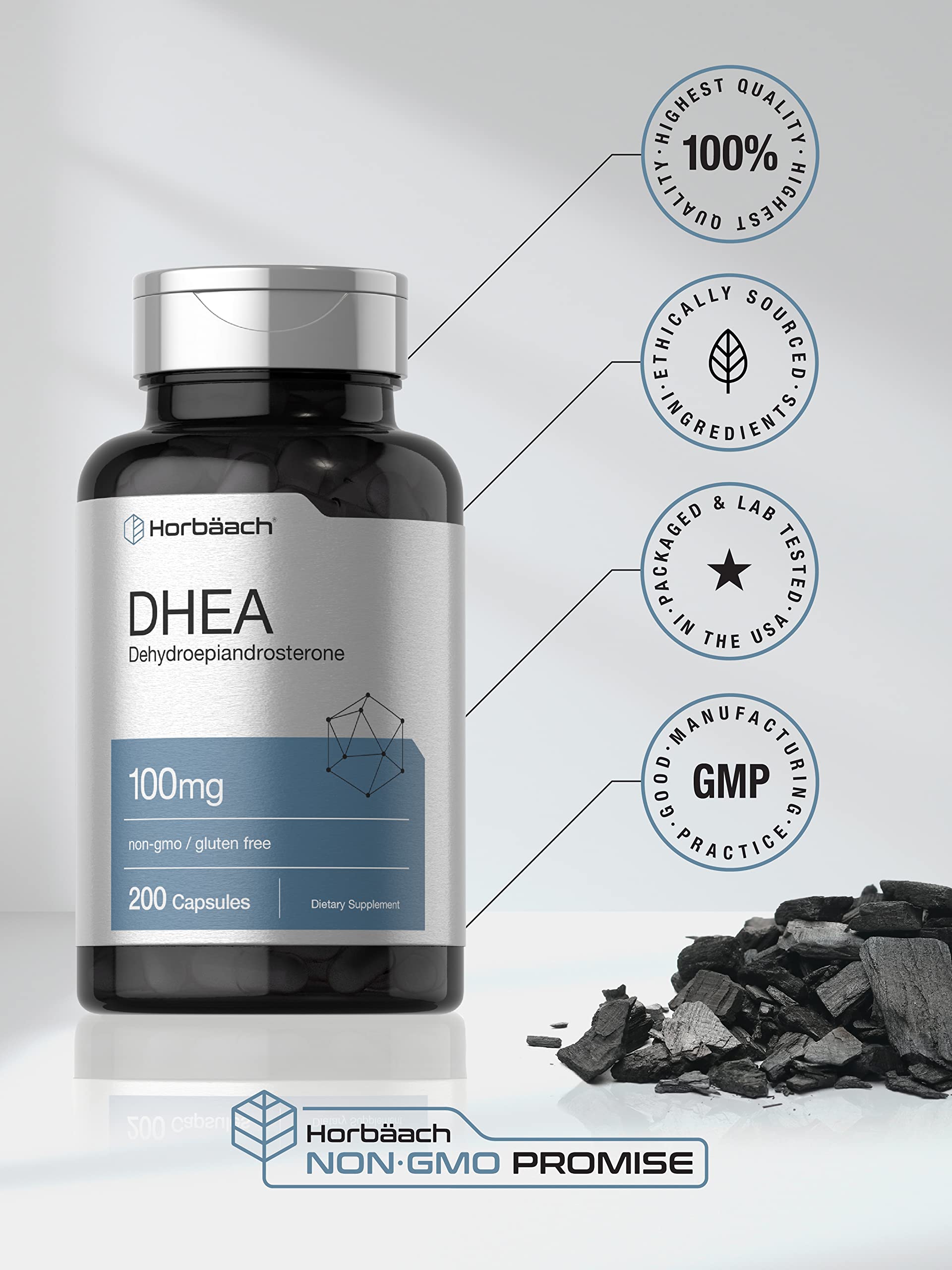 DHEA 100mg | 200 Capsules | Non-GMO, Gluten Free Supplement | by Horbaach Horbäach