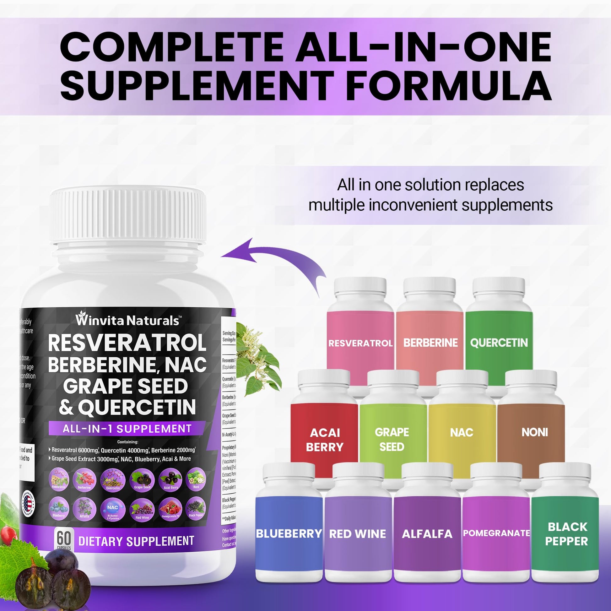 Resveratrol 6000mg Quercetin 4000mg Berberine 2000mg Grape Seed Extract 3000mg Winvita Naturals