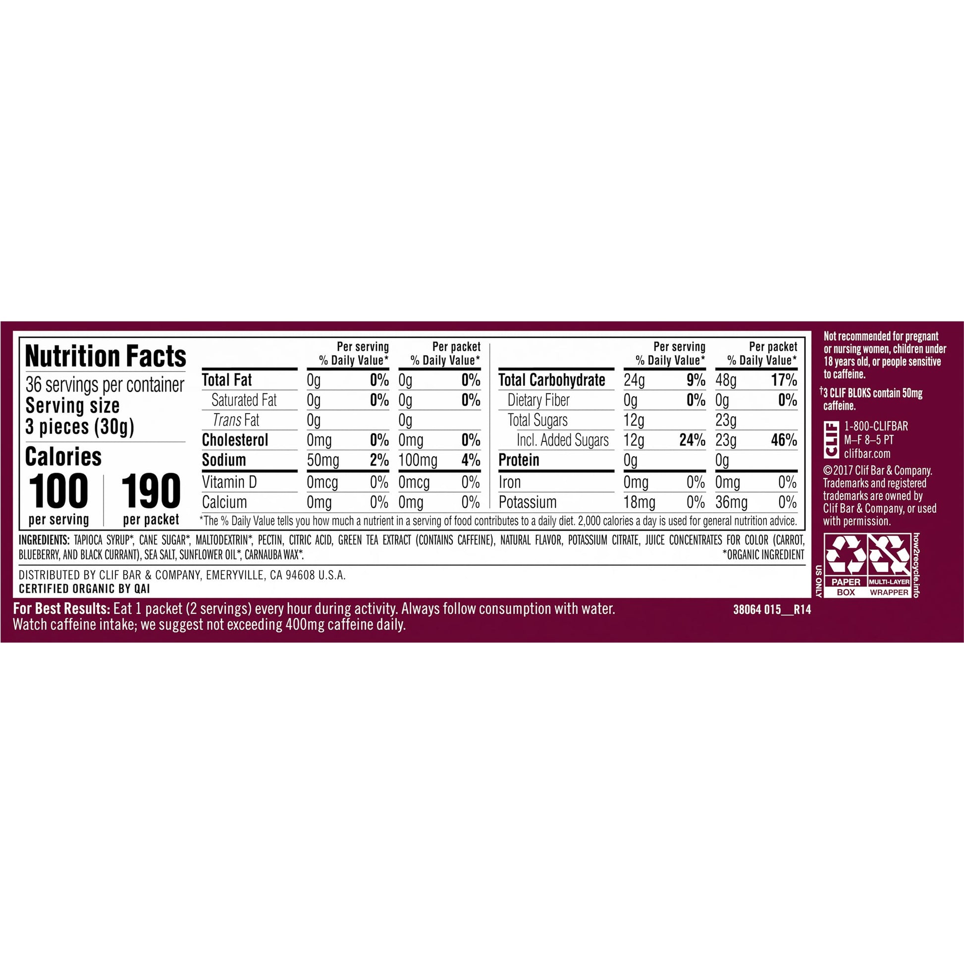 CLIF BLOKS - Black Cherry Flavor with Caffeine - Energy Chews - Non-GMO