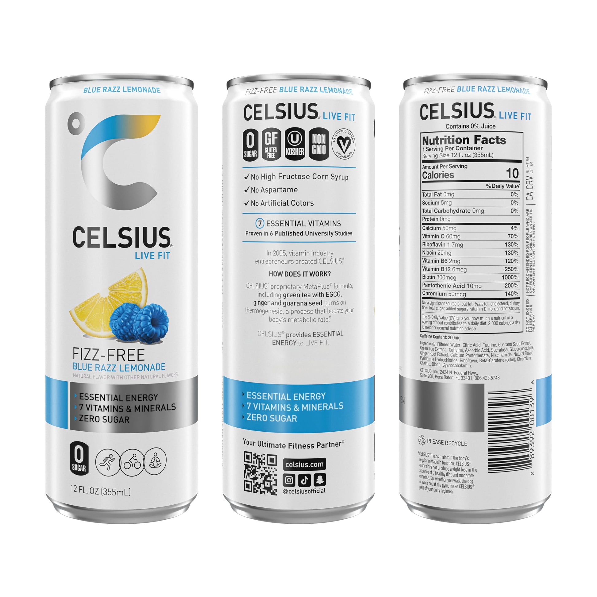 CELSIUS Fizz Free Blue Razz Lemonade, Functional Essential Energy Drink 12 Fl Oz CELSIUS