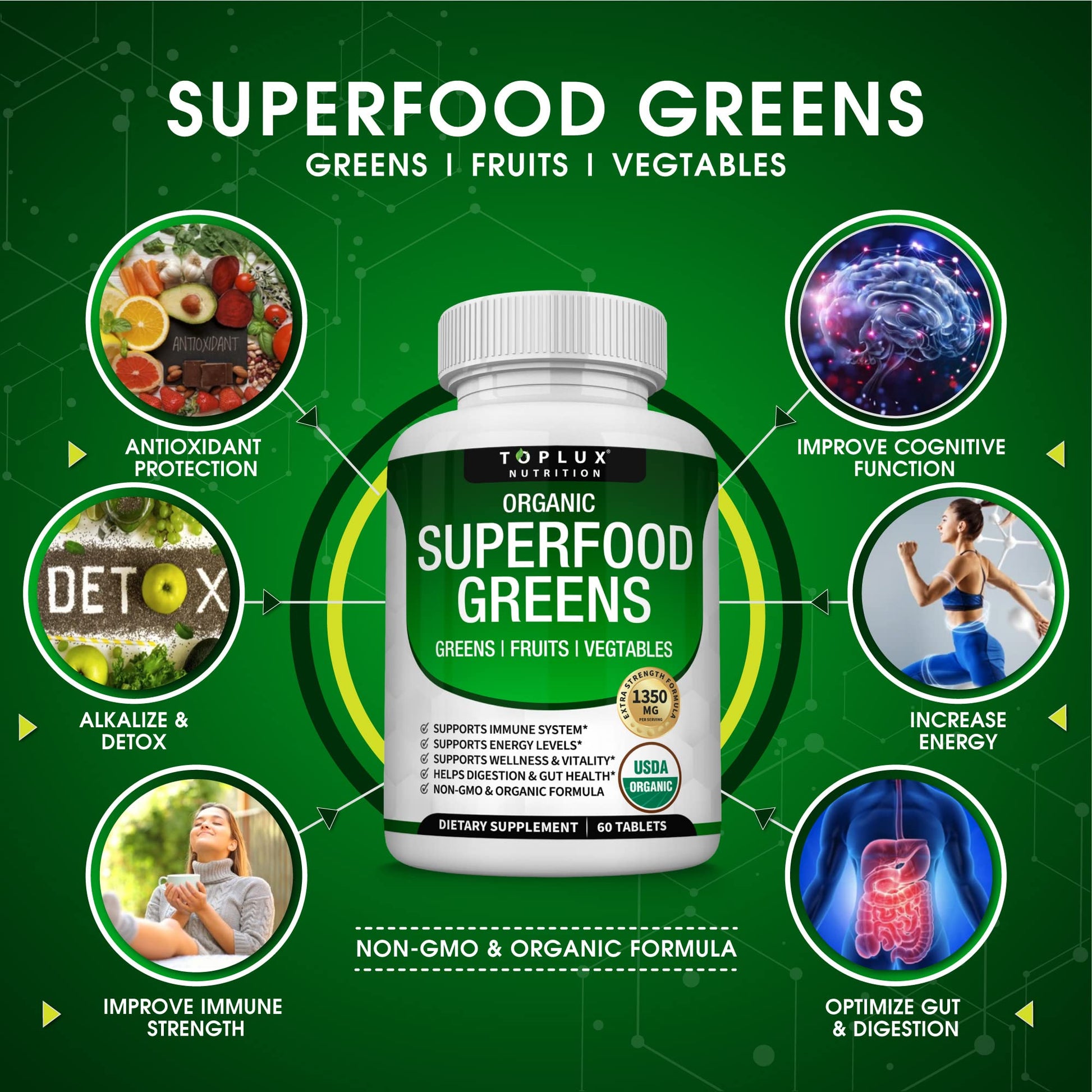 Organic Super Greens Capsules Superfood Fruit Veggie Supplement - 28 Powerful Natural Toplux