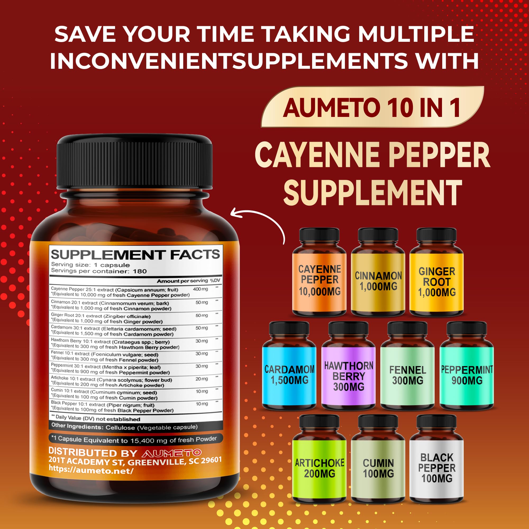 AUMETO Cayenne Pepper 15,400mg Ultra Complex with Cinnamon, Ginger Root, Cardamom AUMETO