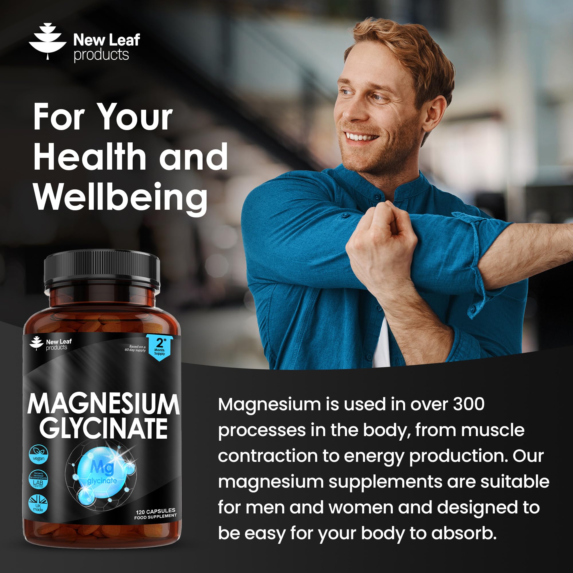 Magnesium Glycinate Supplements - 1040mg of Magnesium - 120 High Strength Capsules NEW LEAF PRODUCTS