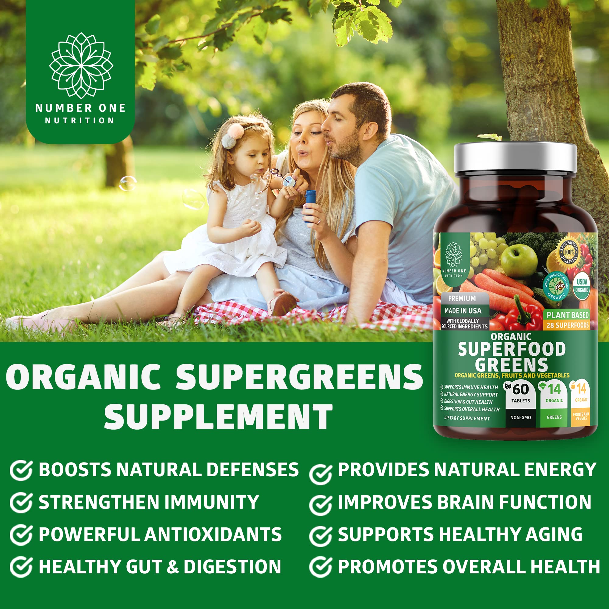 N1N Premium Organic Superfood Greens [28 Powerful Ingredients] Natural Fruit and Veggie Number One Nutrition