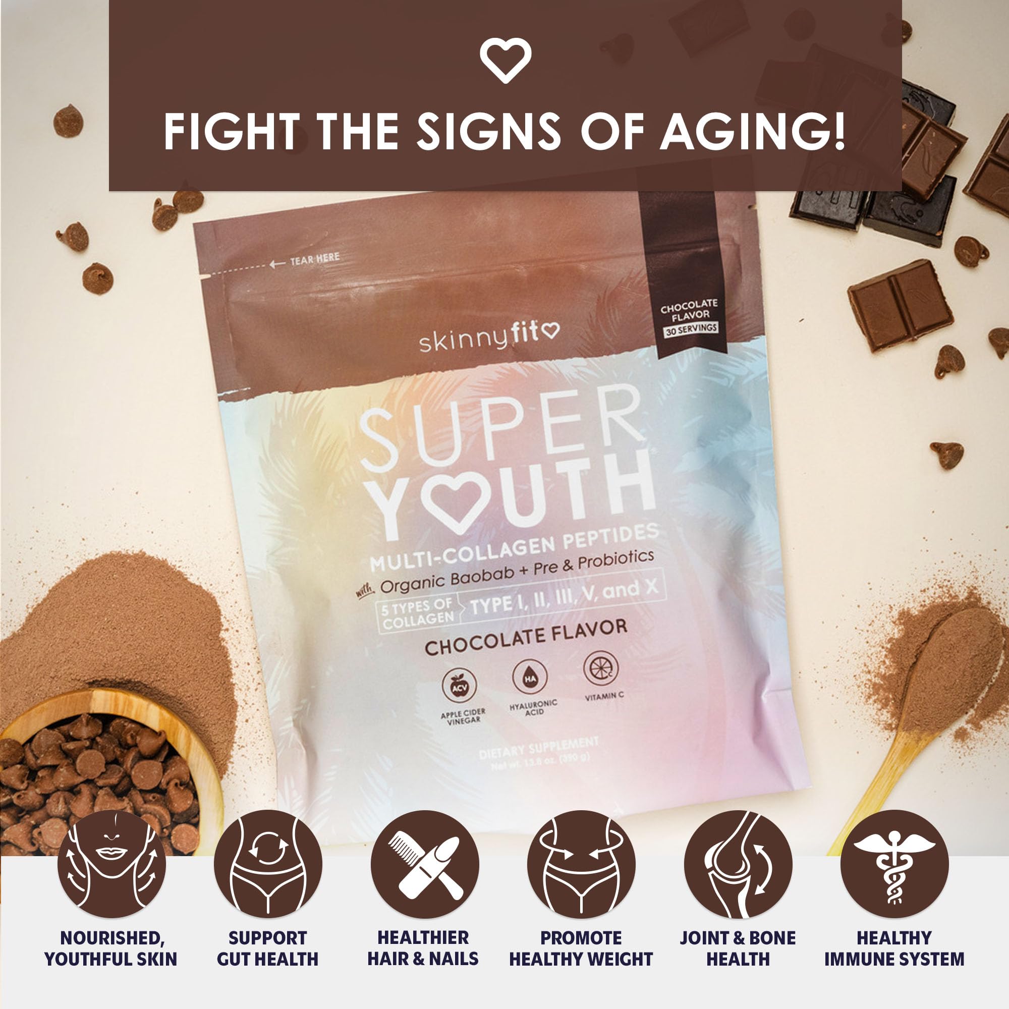 SkinnyFit Super Youth Chocolate Multi-Collagen Peptides + Probiotics, Baobab Fiber SkinnyFit