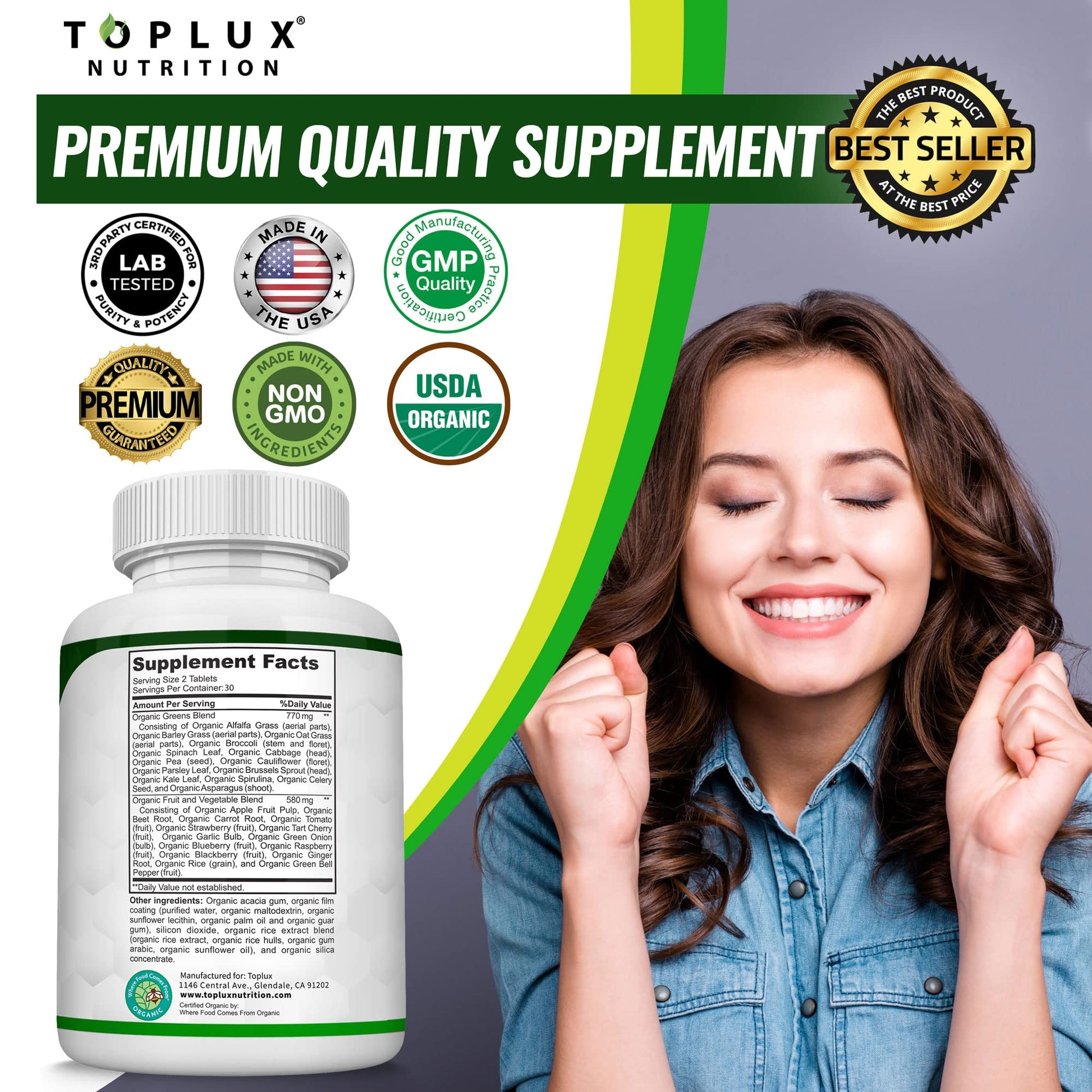 Organic Super Greens Capsules Superfood Fruit Veggie Supplement - 28 Powerful Natural Toplux