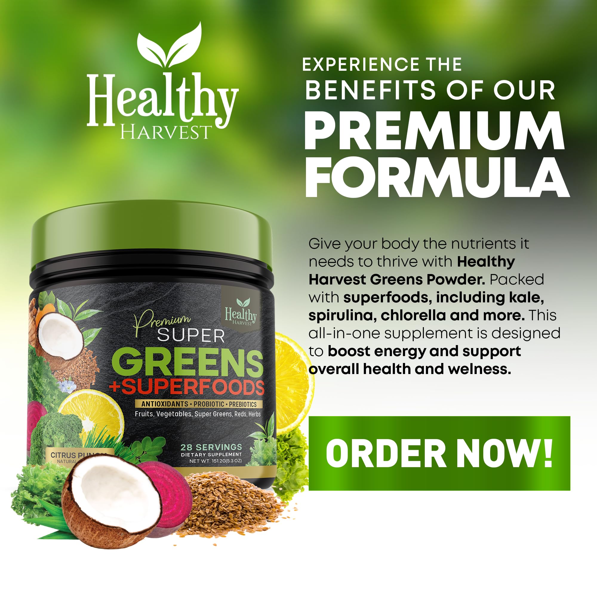 Greens Powder Superfood Supplement - Super Green Reds Smoothie Mix Blend with Spirulina Healthy Harvest Nutrition