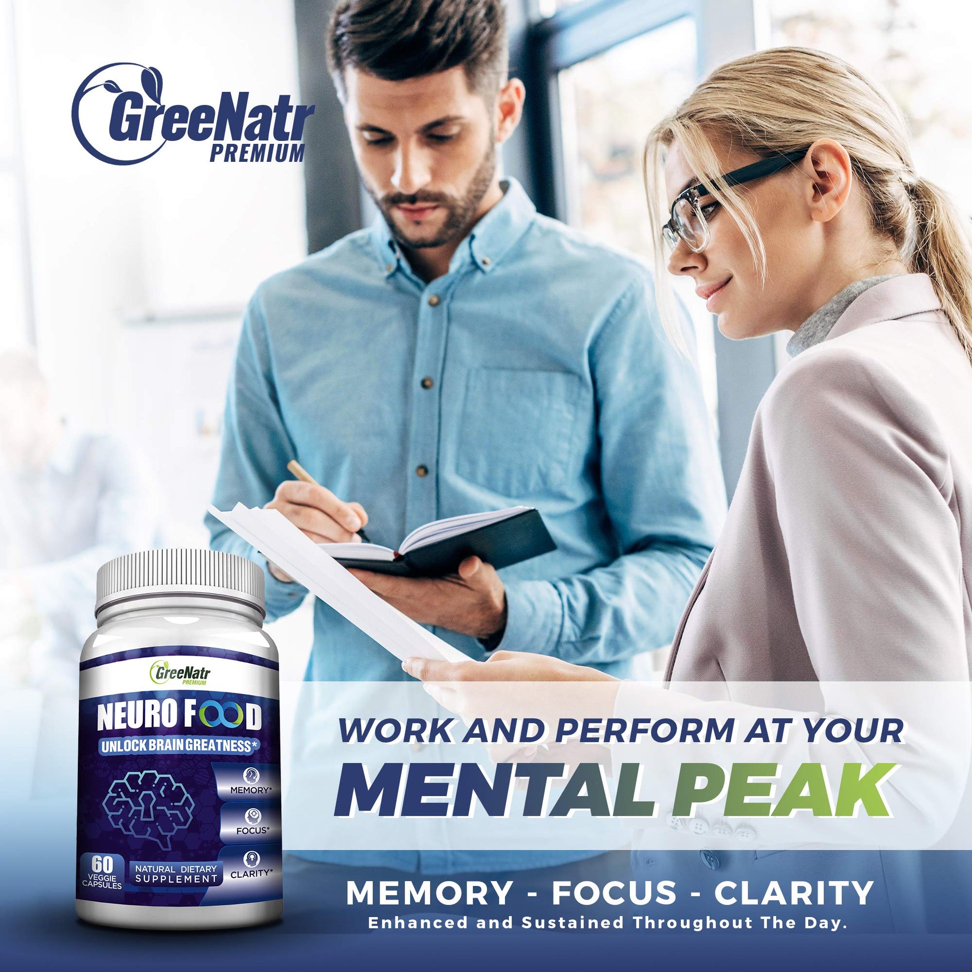 GreeNatr Brain Supplement with B12 Vitamin for Enhanced Memory, Energy, Focus, and Clarity GreeNatr