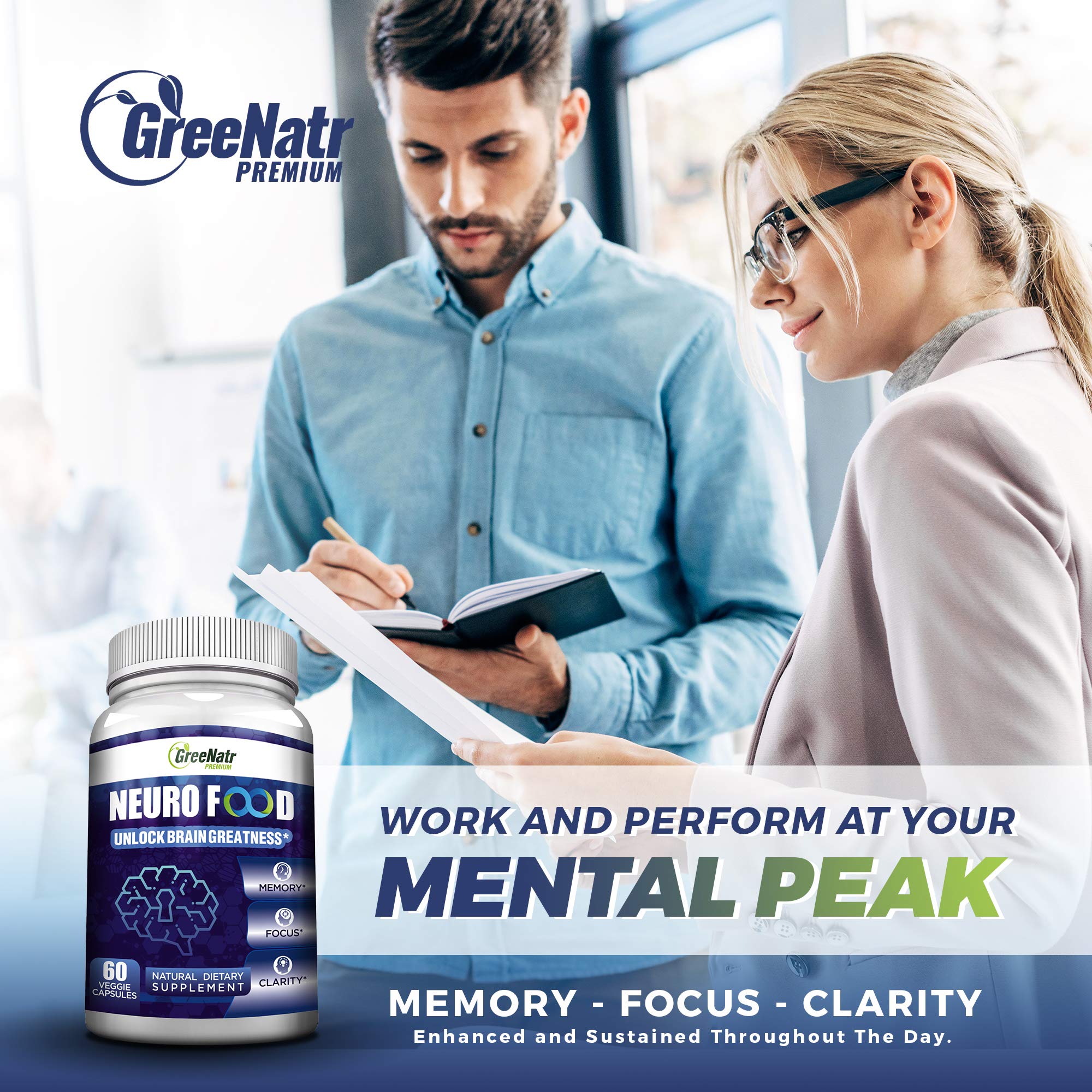 GreeNatr Brain Supplement with B12 Vitamin for Enhanced Memory, Energy, Focus, and Clarity GreeNatr