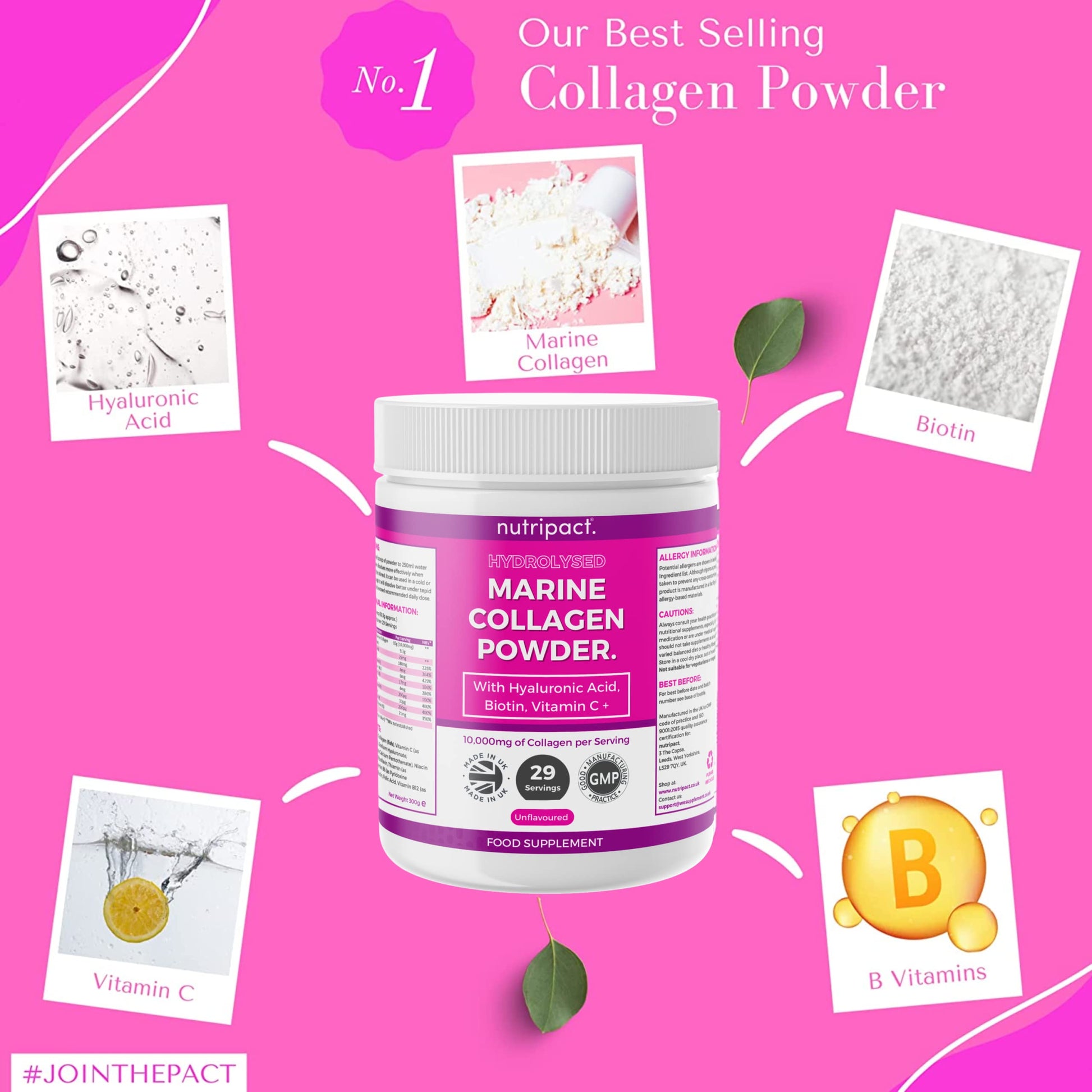 Hydrolysed Marine Collagen Peptides Powder with Hyaluronic Acid, Biotin, Vitamin C & B Vitamins – 10,000mg Collagen nutripact