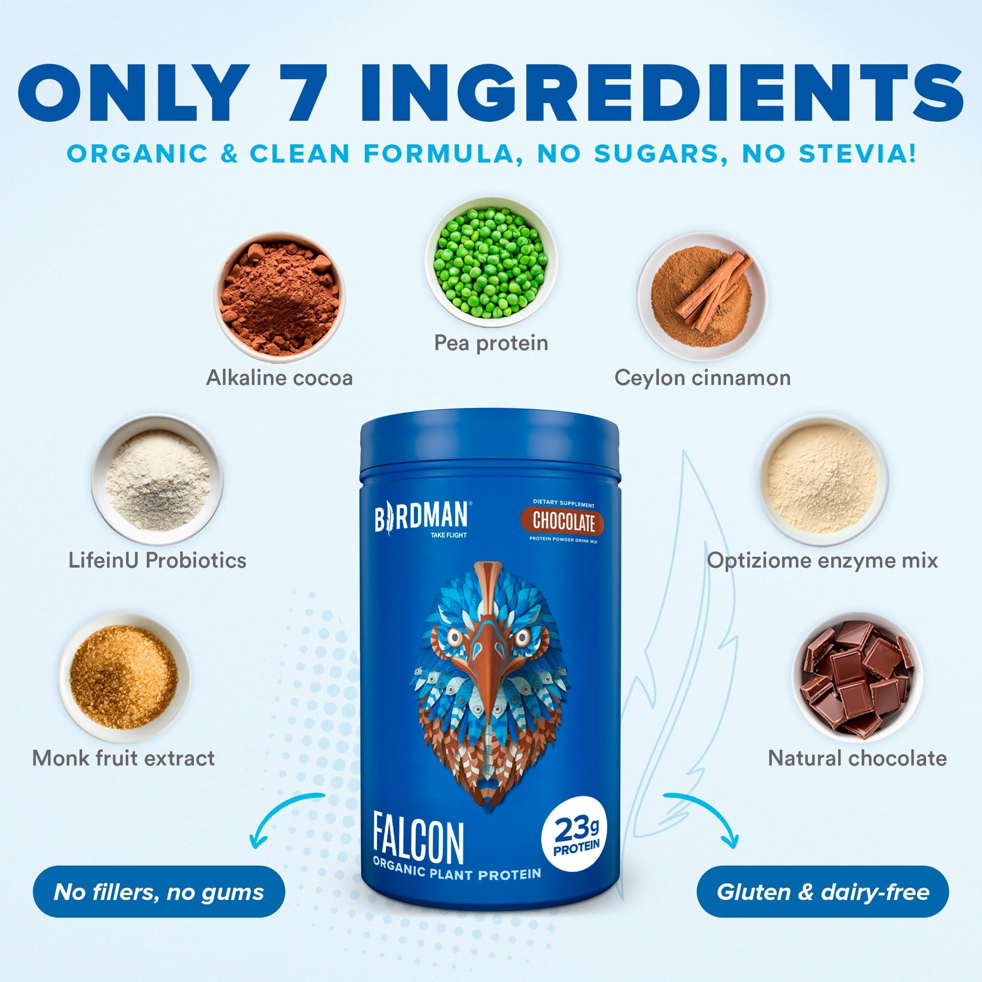 BIRDMAN Falcon Vegan Protein Powder Organic, Stevia & Sugar Free, Plant Based Protein BIRDMAN