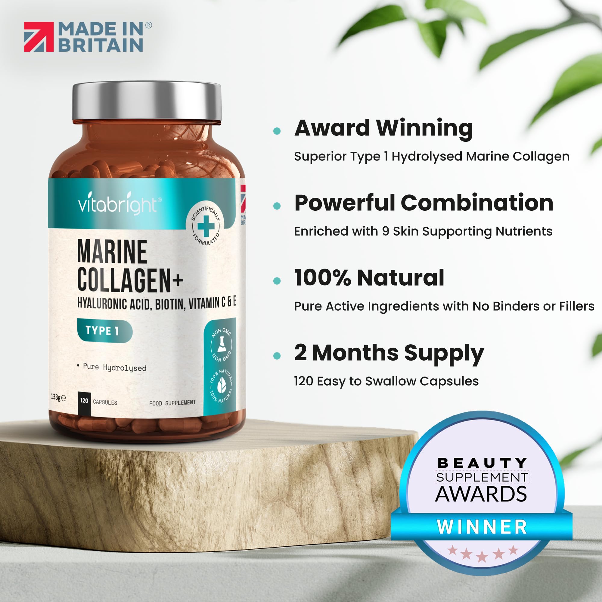 Marine Collagen Capsules 1000mg - 120 Capsules - 9 Powerful Skin Supporting Nutrients VitaBright