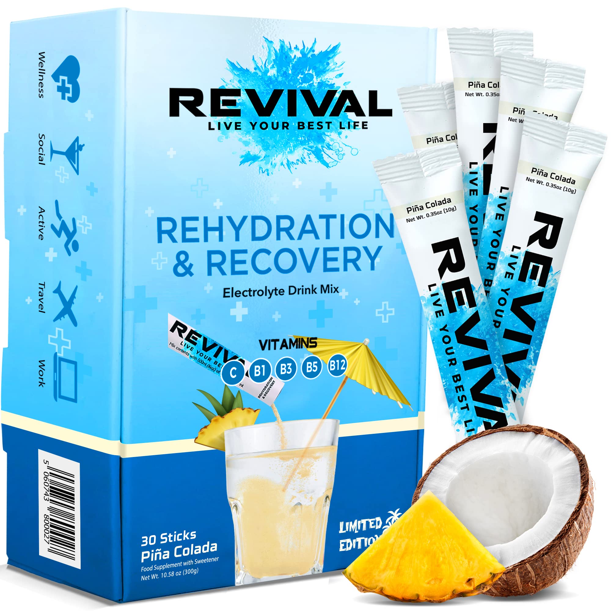 Revival Rapid Rehydration, Electrolytes Powder - High Strength Vitamin C, B1, B3, B5, B12 