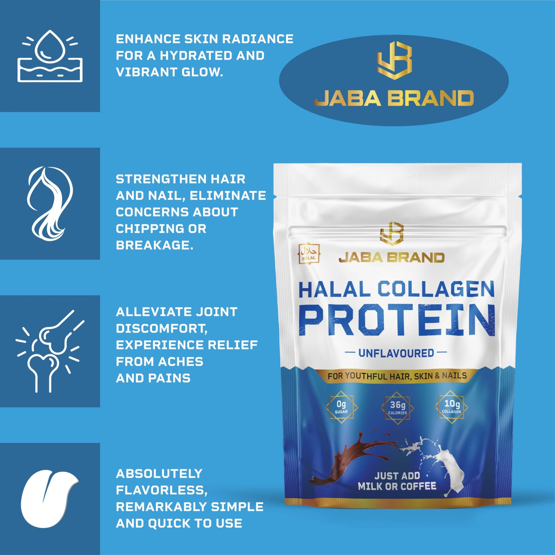 JABA BRAND - Halal Bovine Collagen Protein Powder for Hair, Nails, Joints and Skin JABA BRAND