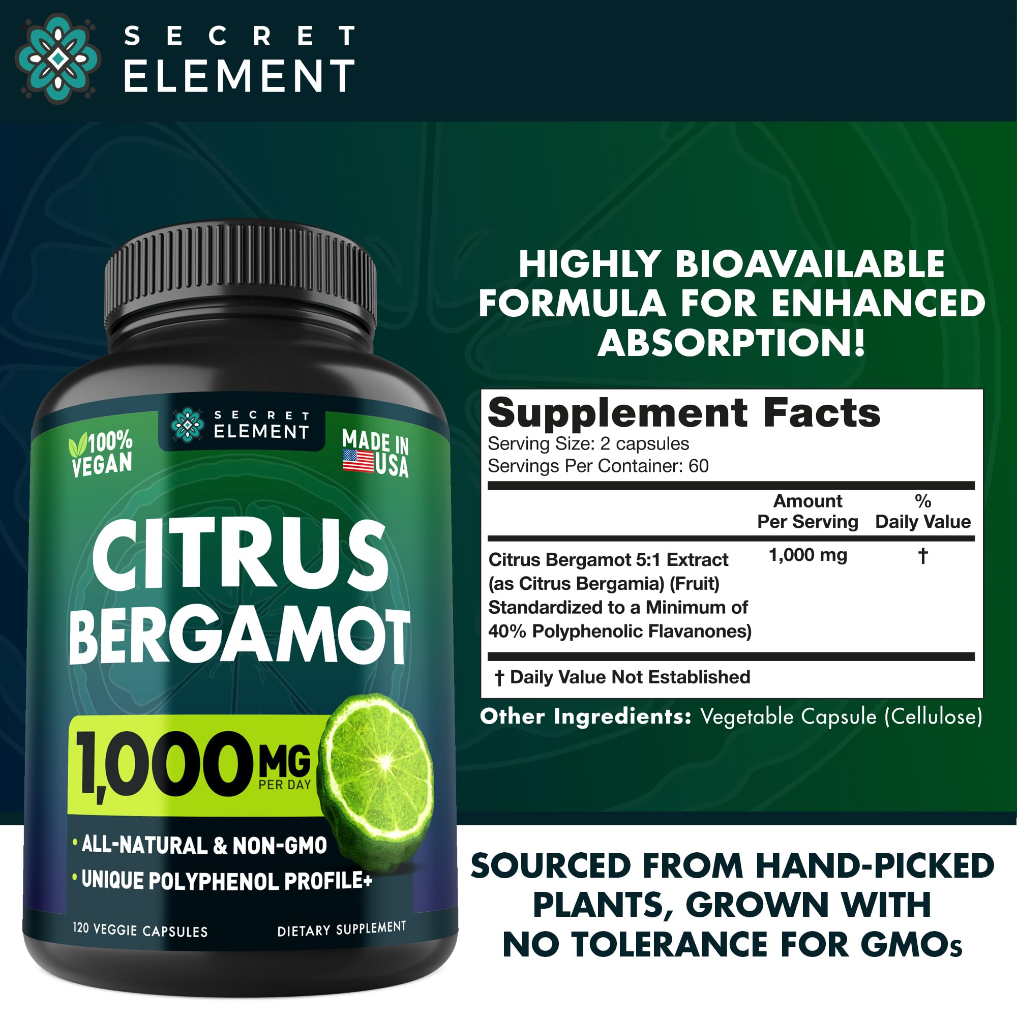 Citrus Bergamot Extract 1000mg - Citrus Bergamot Supplement for Heart, Immune System Secret Element