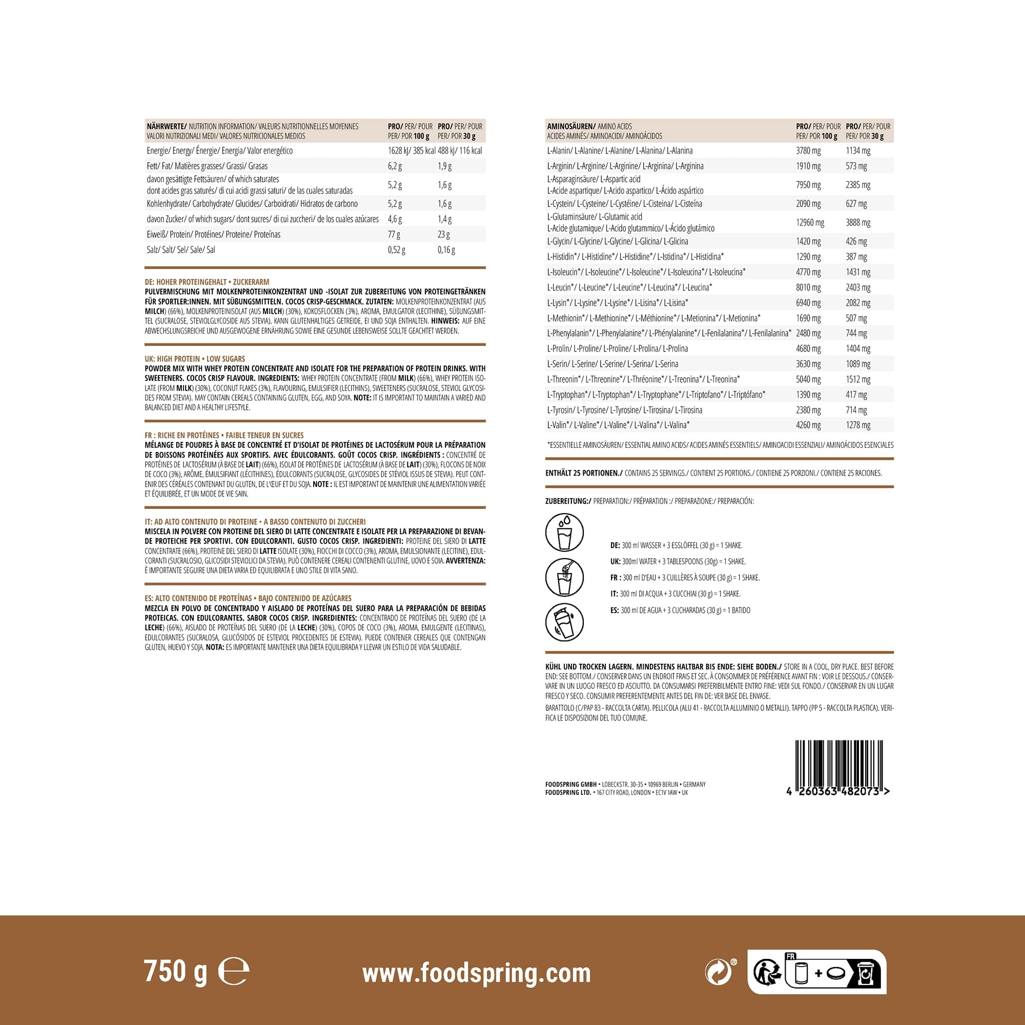 foodspring Whey Protein Powder Coconut – with 23g Protein for Muscle Building, Perfect Solubility, Made from Pasture Milk, Rich in BCAAs & EAAs - 750g