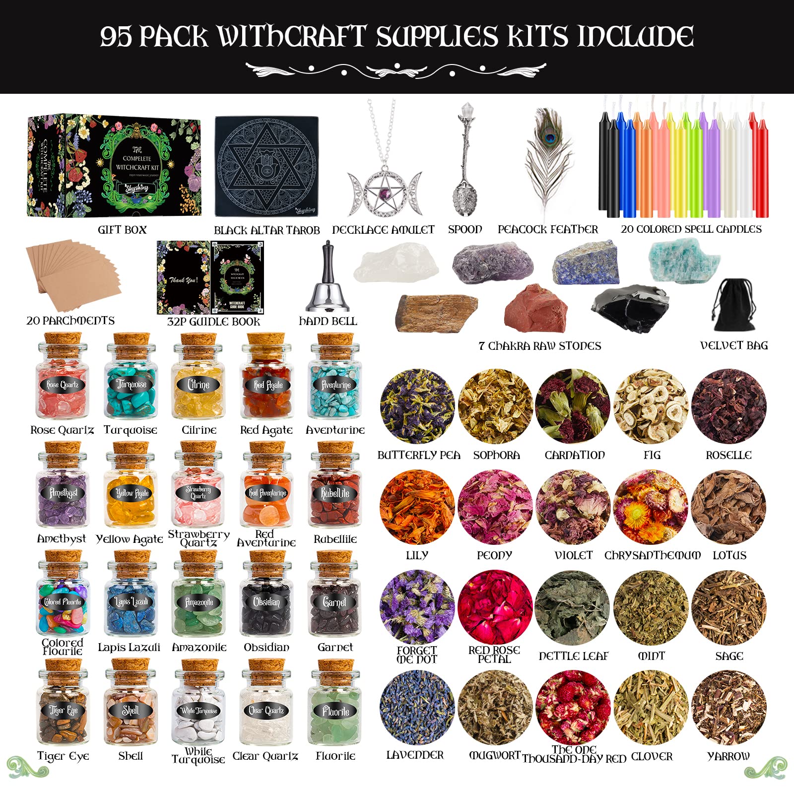 SHYSHINY Witchcraft Supplies Kit for Wiccan Spells, 95 Pack of 7 Chakra Stones, Crystals, Dried Herbs SHYSHINY
