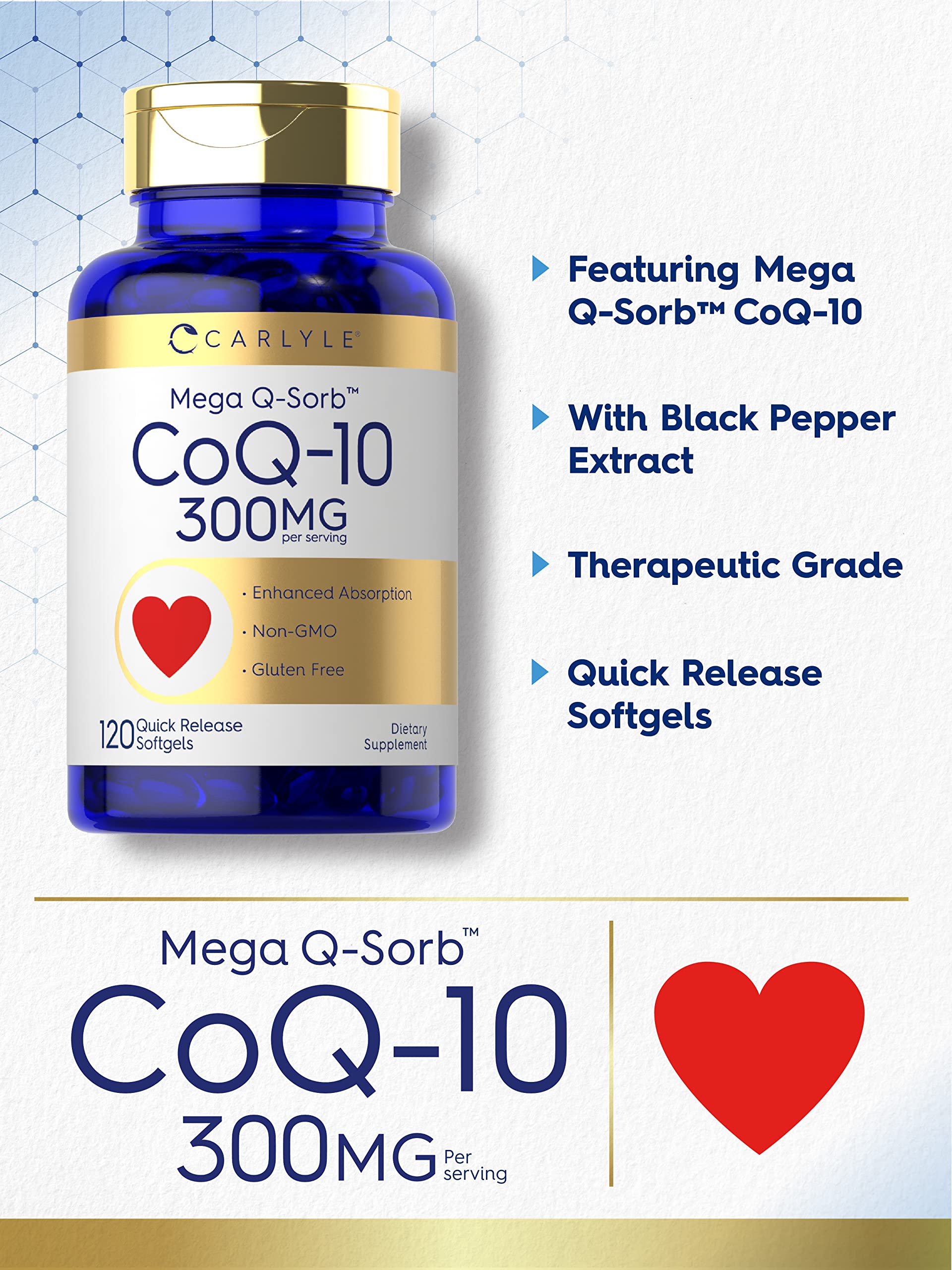 Carlyle CoQ10 300mg | 120 Softgels | Mega Q-Sorb Coenzyme Q-10 | with Black Pepper Carlyle