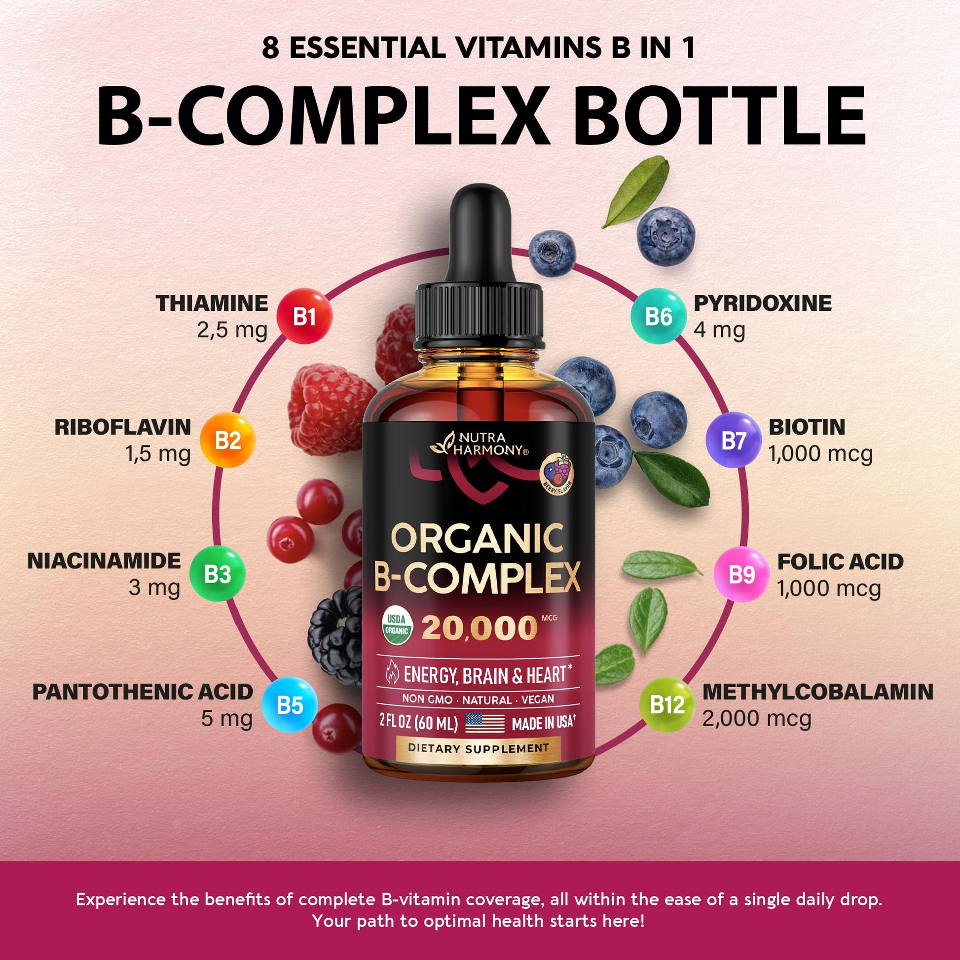 USDA Organic Vitamin B Complex Liquid Drops - 8-in-1 B Complex Vitamins: B1, B2, B3, B5 NUTRAHARMONY