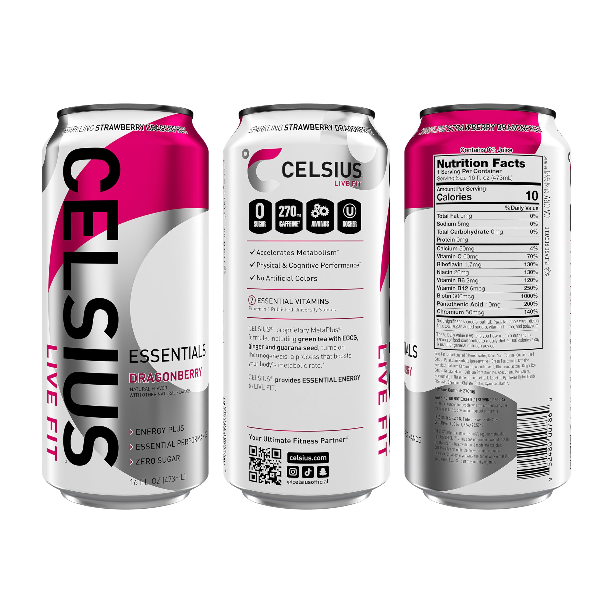 CELSIUS ESSENTIALS, Sparkling Dragonberry, Performance Energy Drink 16 Fl Oz CELSIUS