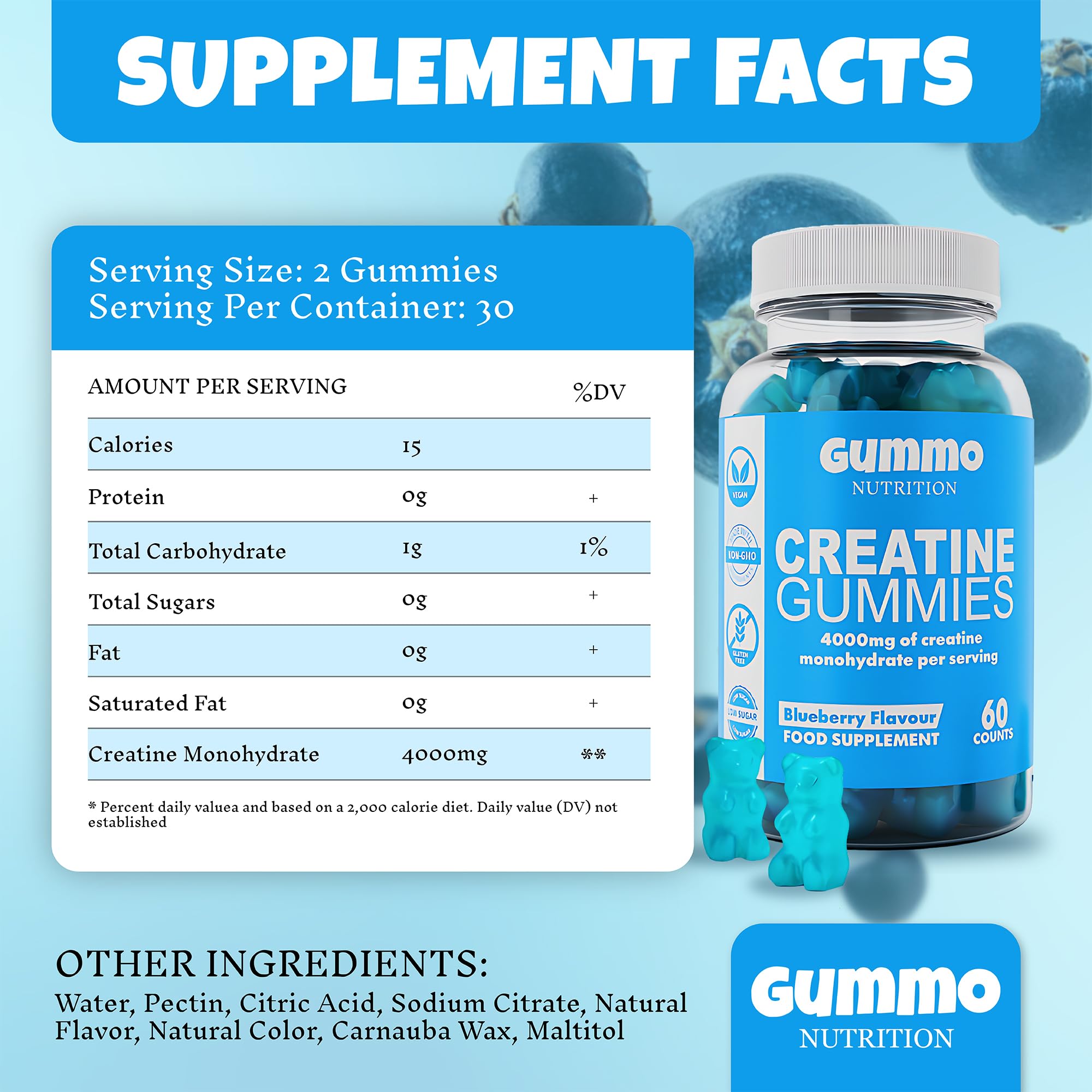 Creatine Monohydrate Gummies 4000mg for Men & Women - 60 Chewable Creatine GUMMO NUTRITION