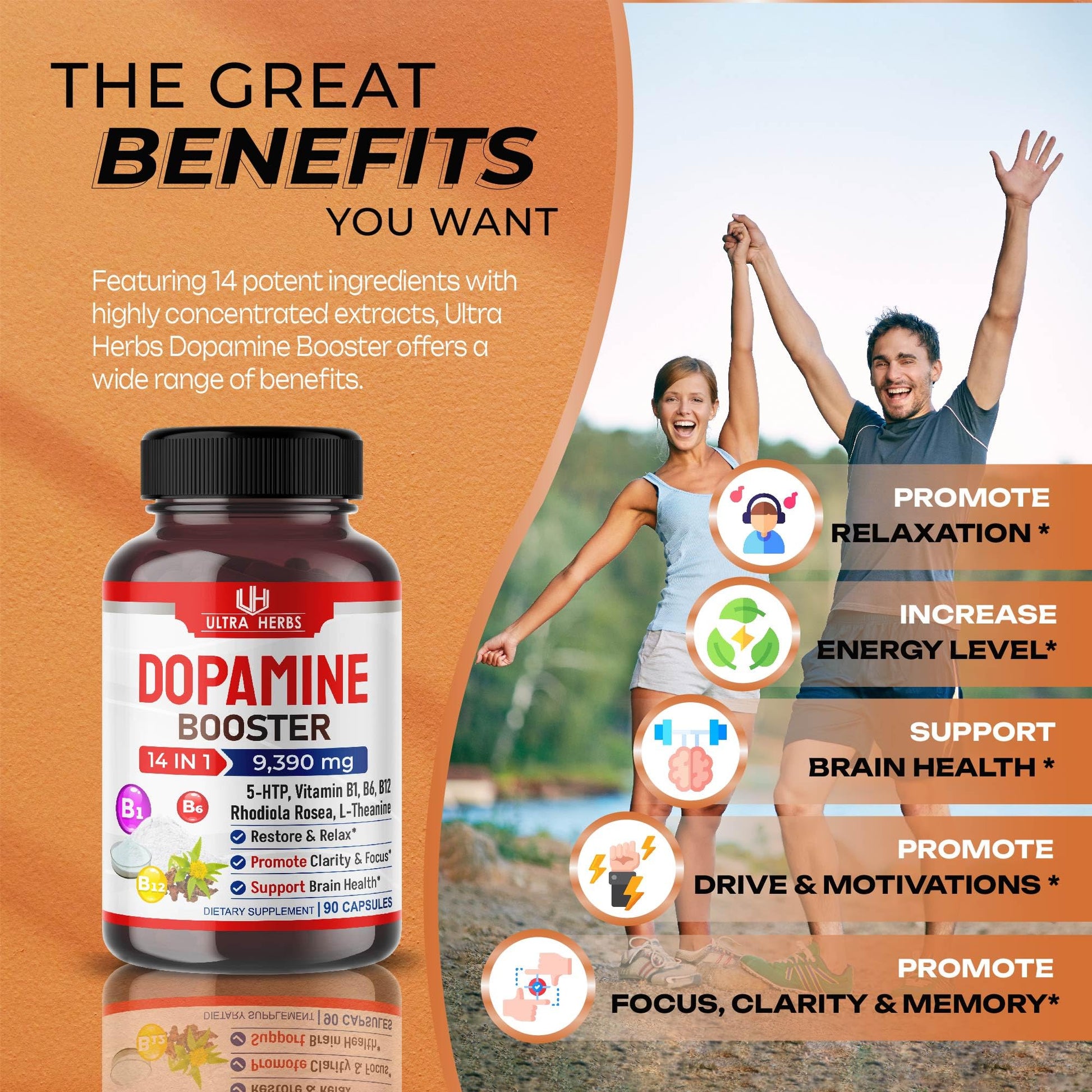 Dopamine Focus Supplement Ashwagandha 5000mg 5-HTP 50mg Rhodiola Rosea 2000mg ULTRA HERBS
