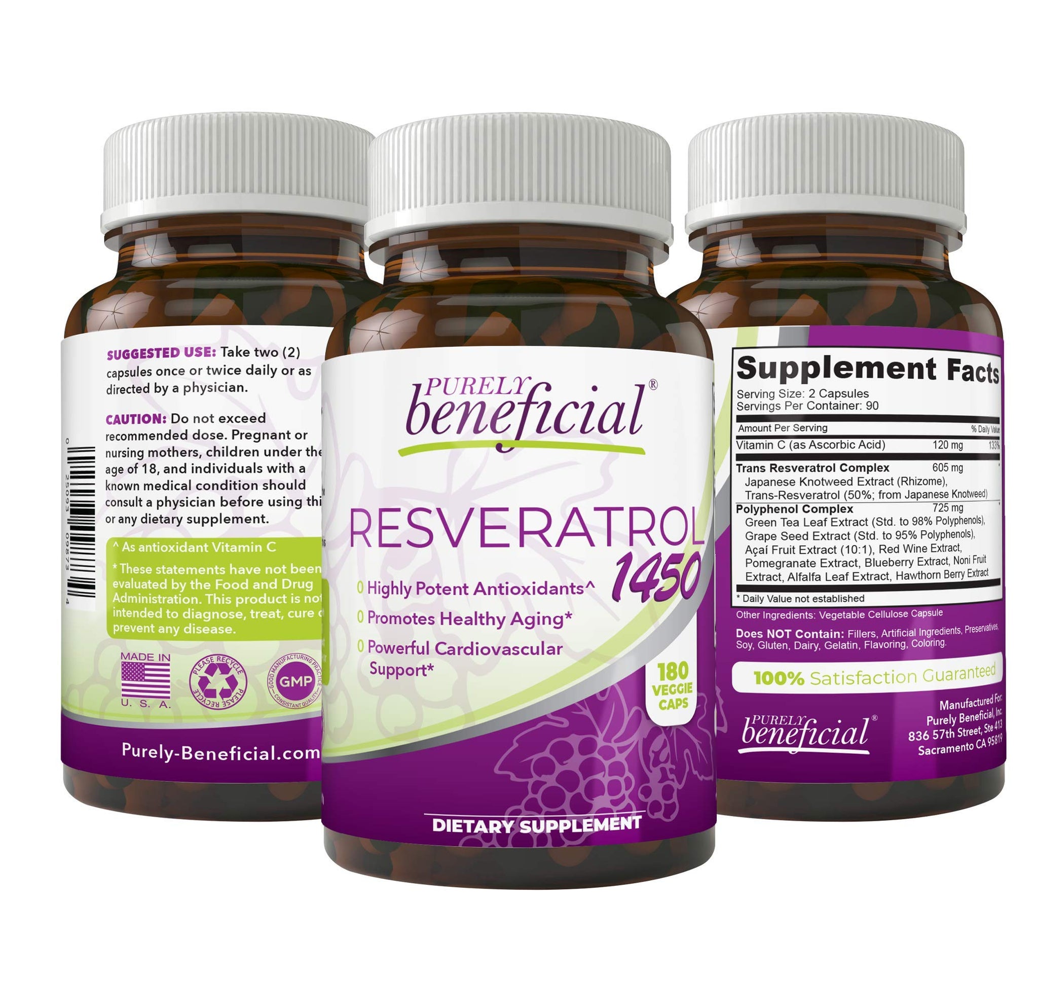PURELY beneficial RESVERATROL1450-90day Supply, 1450mg per Serving of Potent Antioxidants