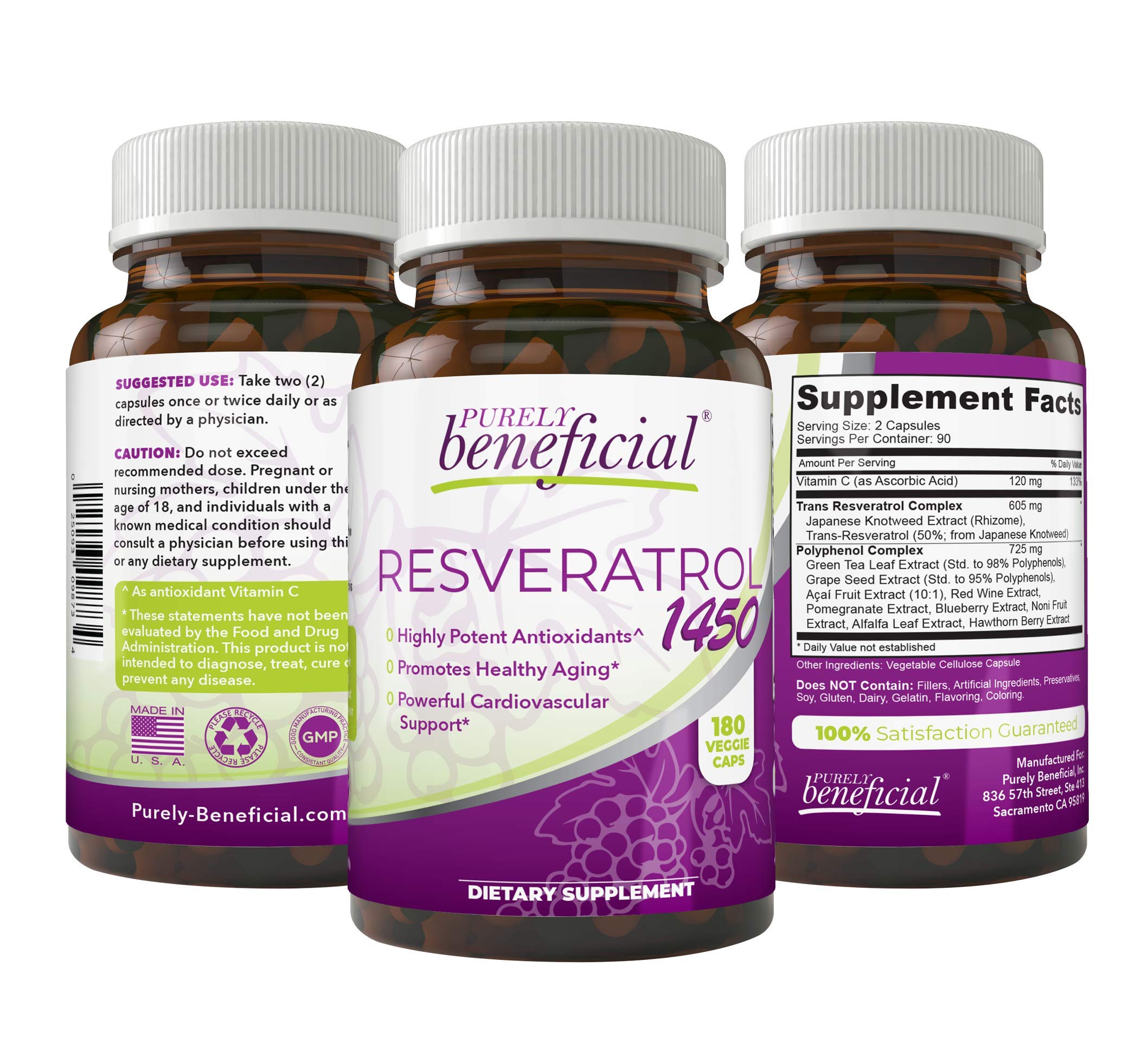 PURELY beneficial RESVERATROL1450-90day Supply, 1450mg per Serving of Potent Antioxidants