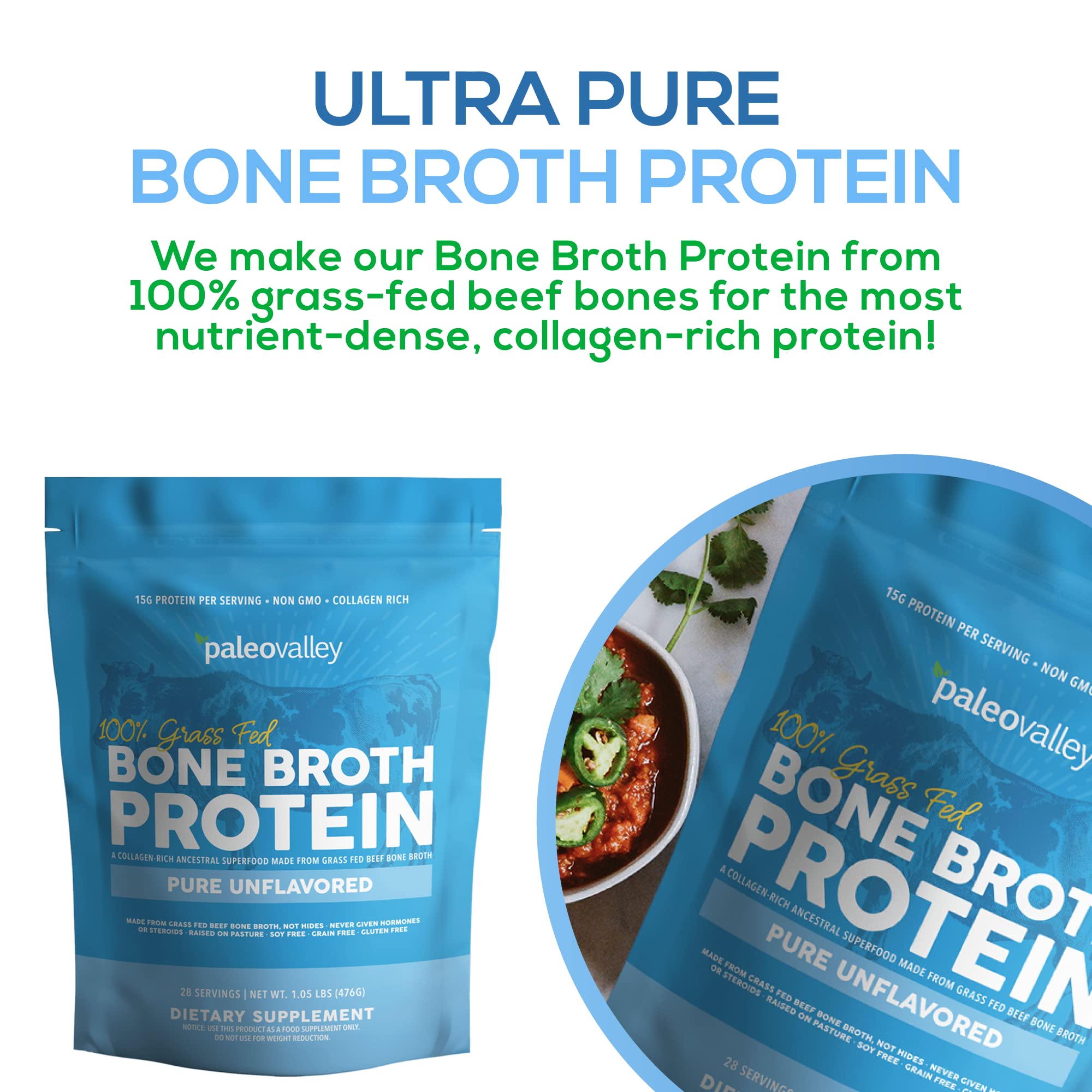 Paleovalley 100% Grass Fed Beef Bone Broth Protein Powder - Rich in Collagen Peptides Paleovalley