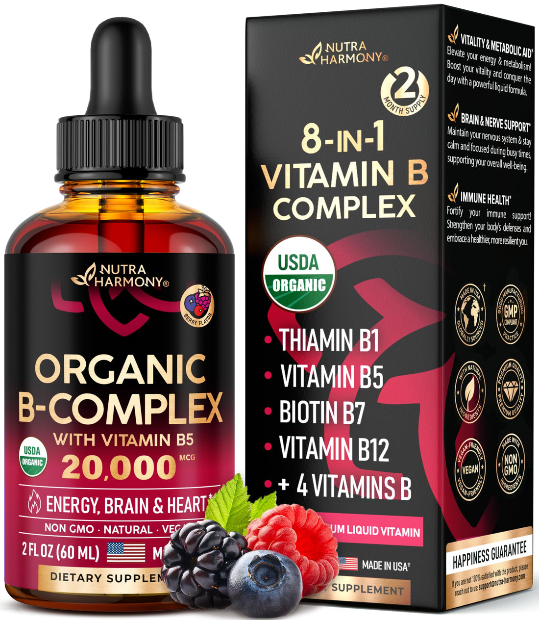 USDA Organic Vitamin B Complex Liquid Drops - 8-in-1 B Complex Vitamins: B1, B2, B3, B5