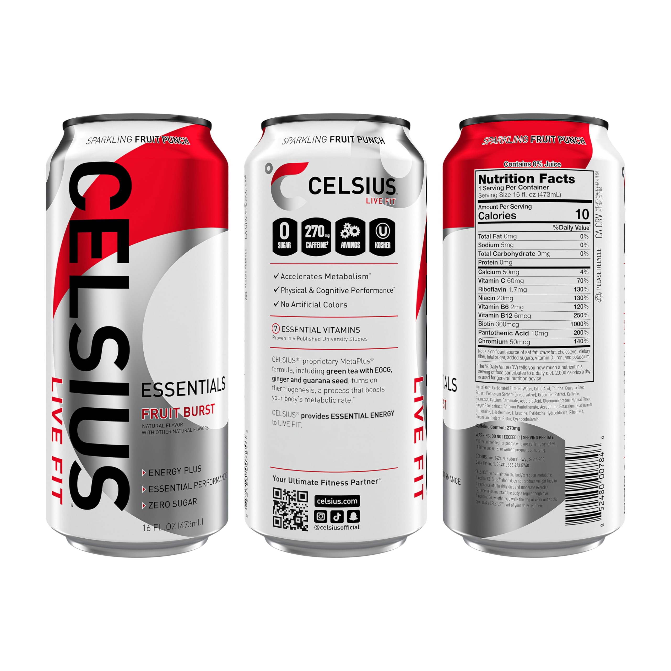 CELSIUS ESSENTIALS, Sparkling Fruit Burst, Performance Energy Drink 16 Fl Oz (Pack of 12) CELSIUS