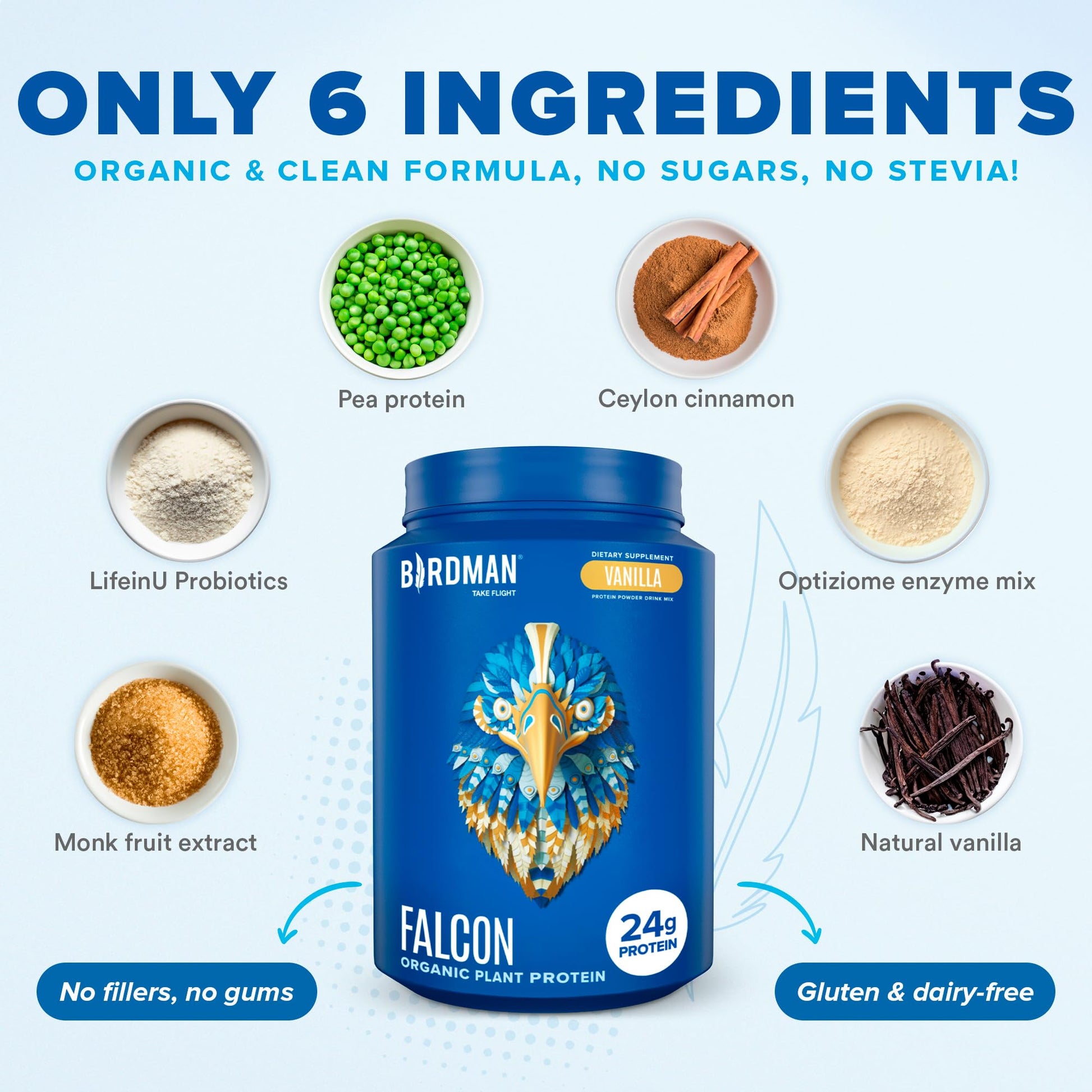 BIRDMAN Falcon Vegan Protein Powder Organic, Stevia & Sugar Free, Plant Based Protein BIRDMAN