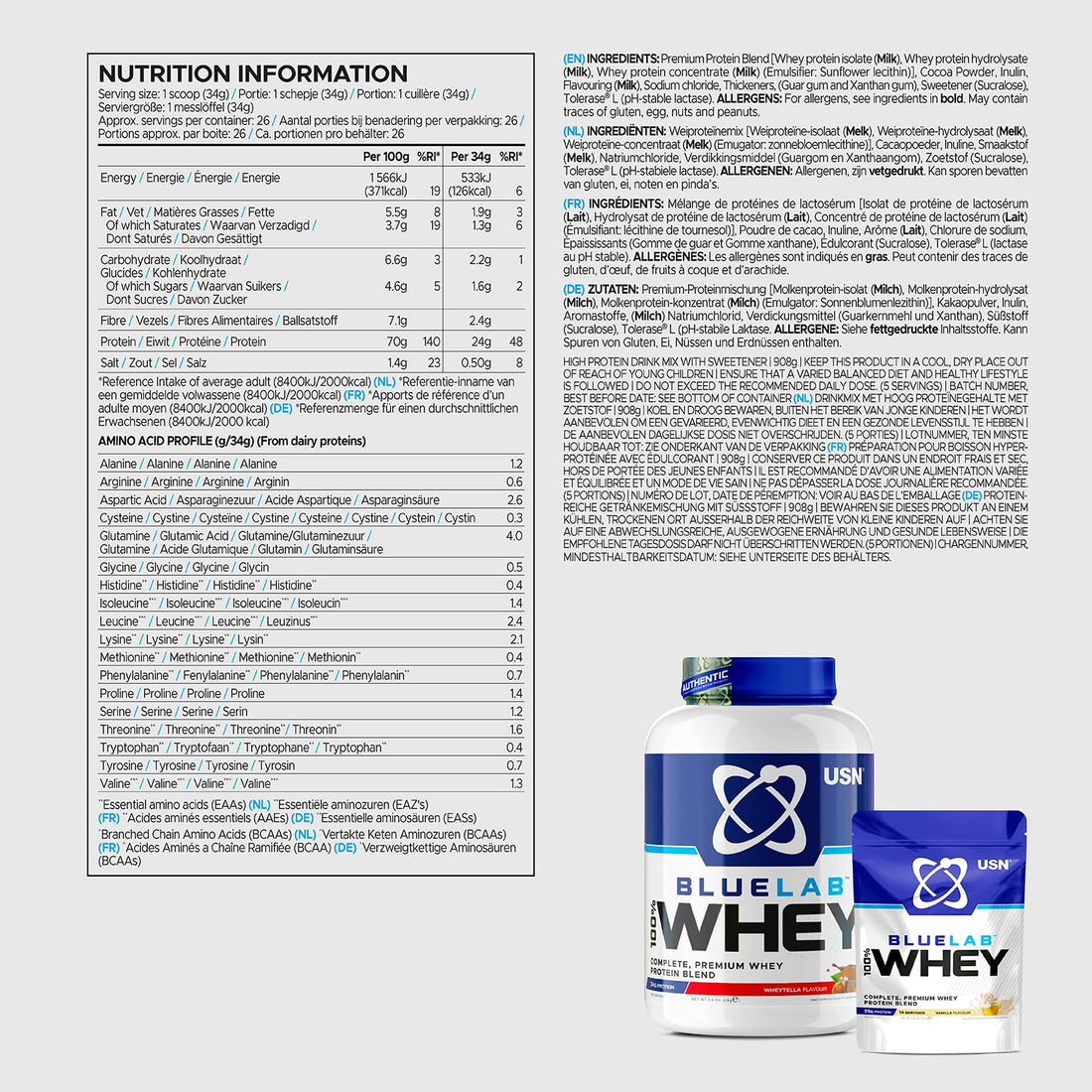 USN Blue Lab Whey Protein Powder: Wheytella - Whey Protein 908g - Post-Workout 