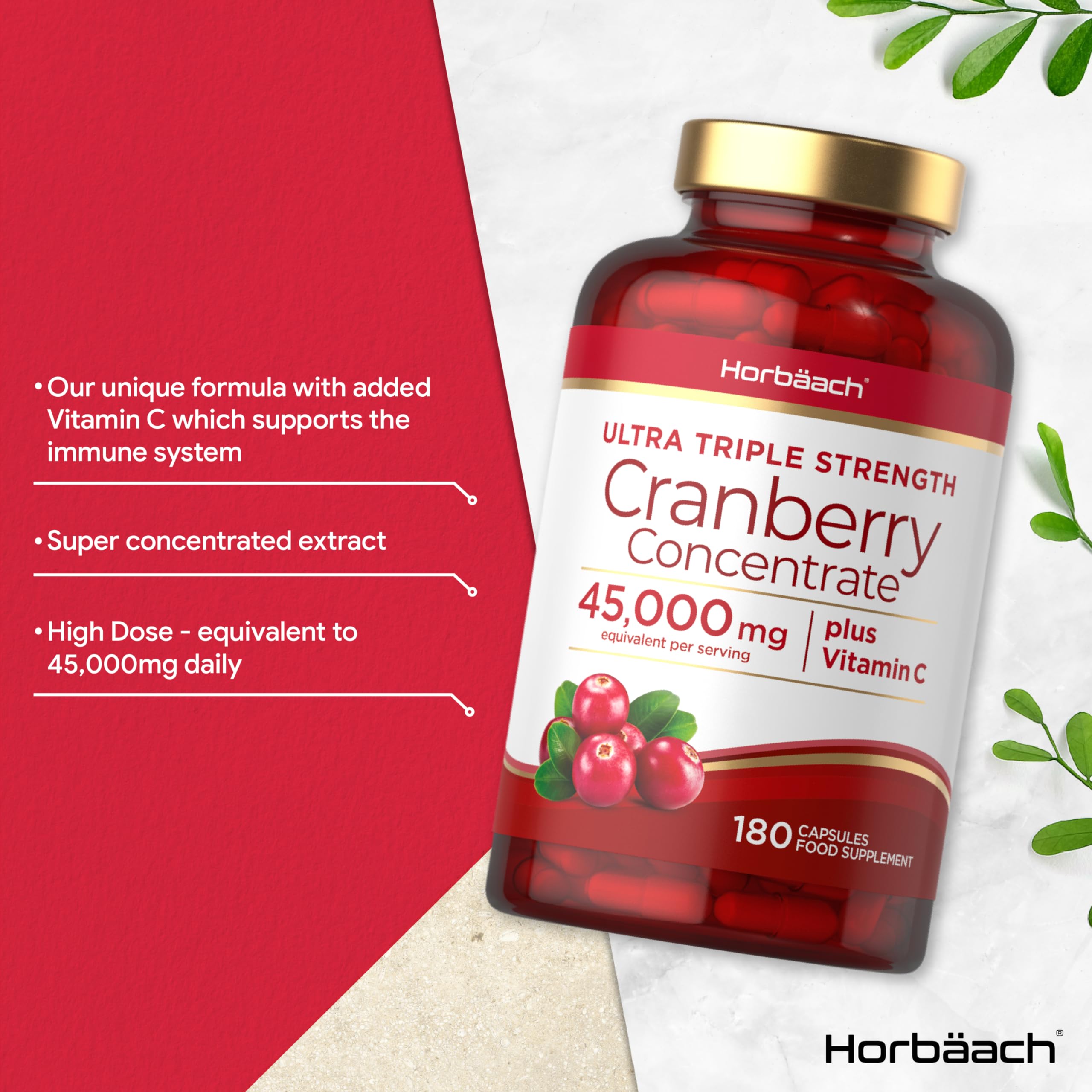 Cranberry Capsules 45,000 mg | High Strength Cranberry Extract with Vitamin C Horbäach