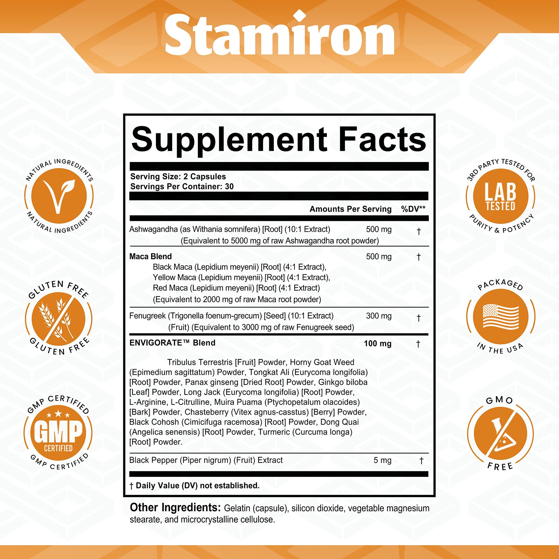 Stamiron Maca Root 2000mg Fenugreek 3000mg Ashwagandha 5000mg Supplement Stamiron